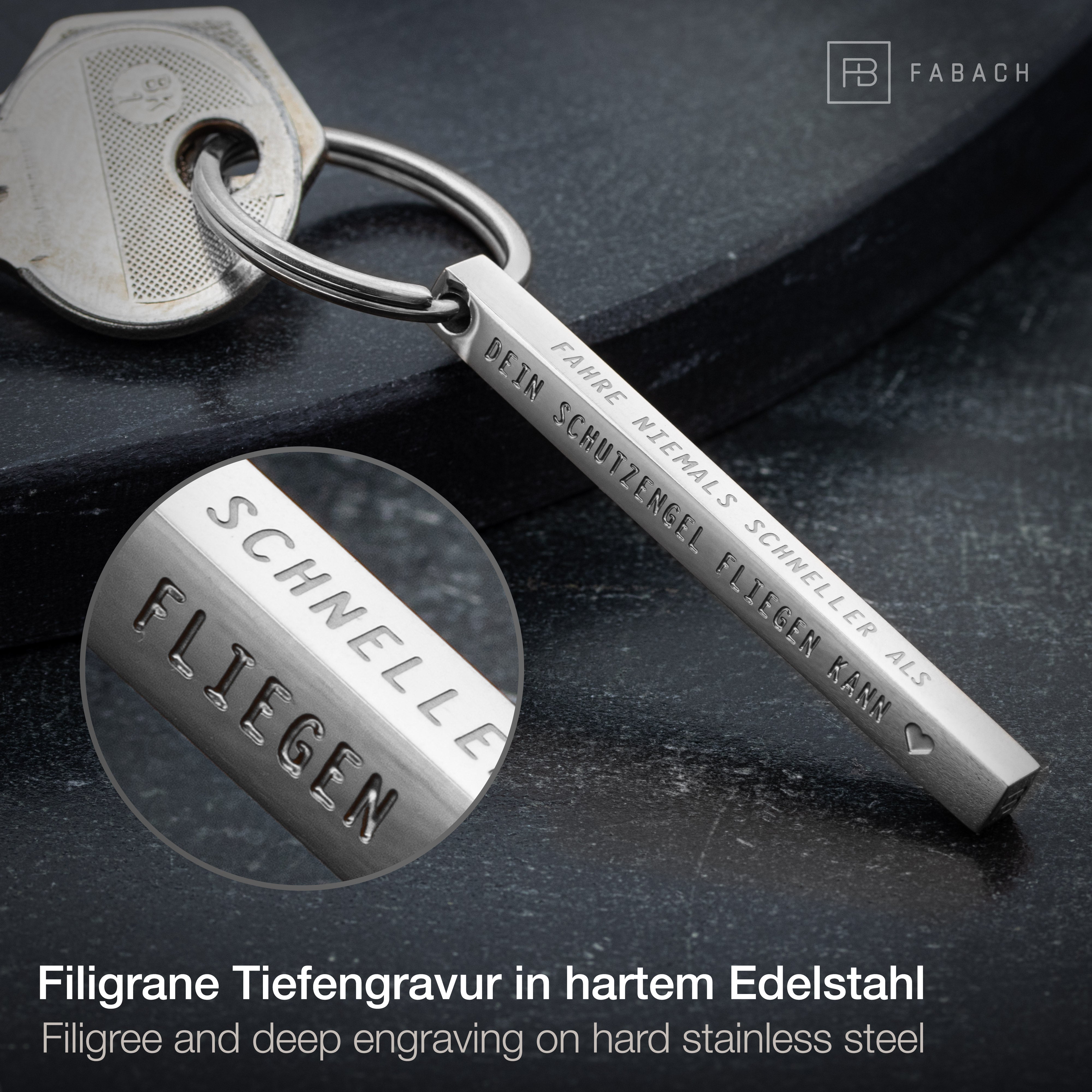 "Cuboid" Quader Schlüsselanhänger aus Edelstahl - Stäbchen Anhänger mit Gravur "Schutzengel"#farbe_silber