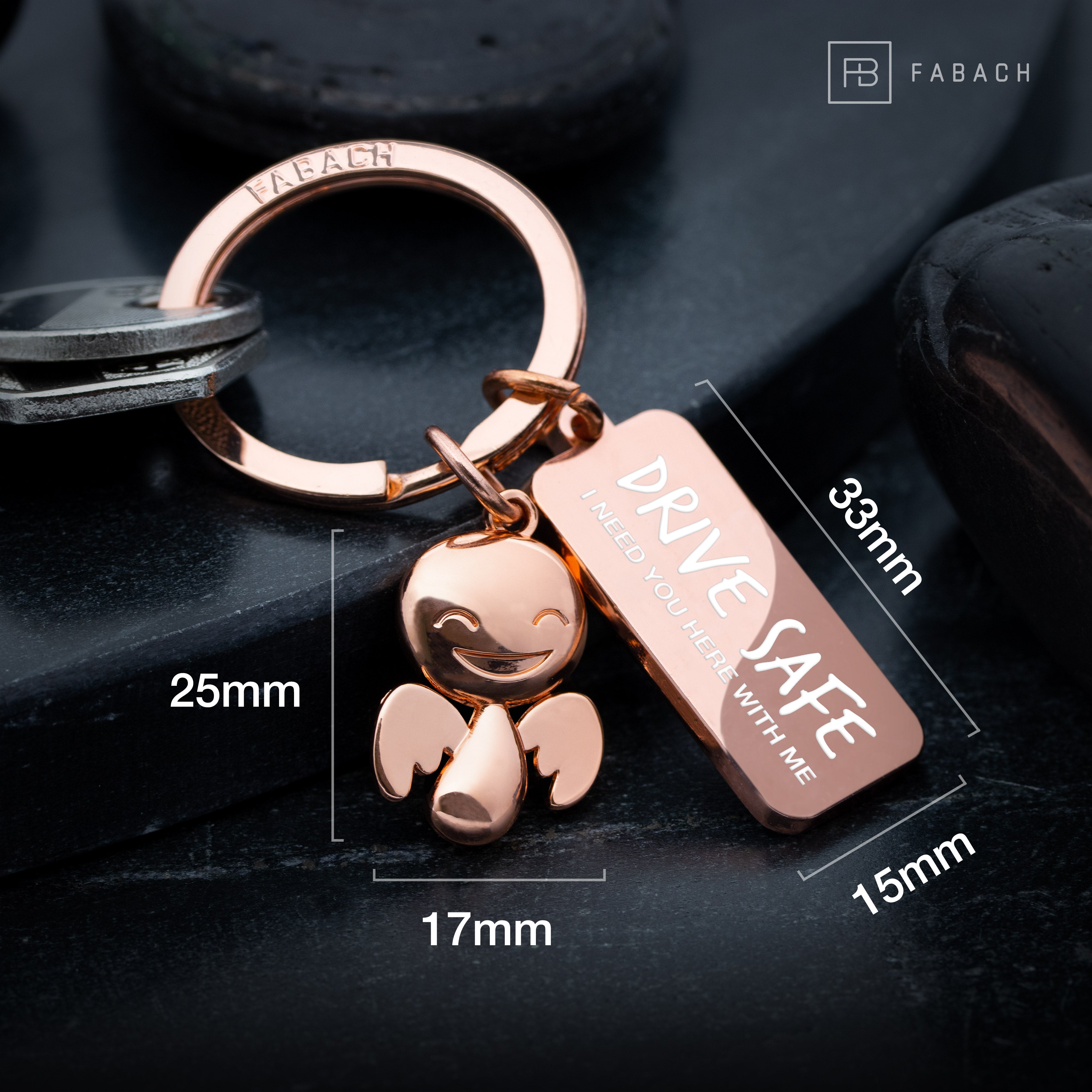 "Happy" Schutzengel Schlüsselanhänger - Glücksbringer mit Botschaft Gravur "Drive safe"#farbe_roségold