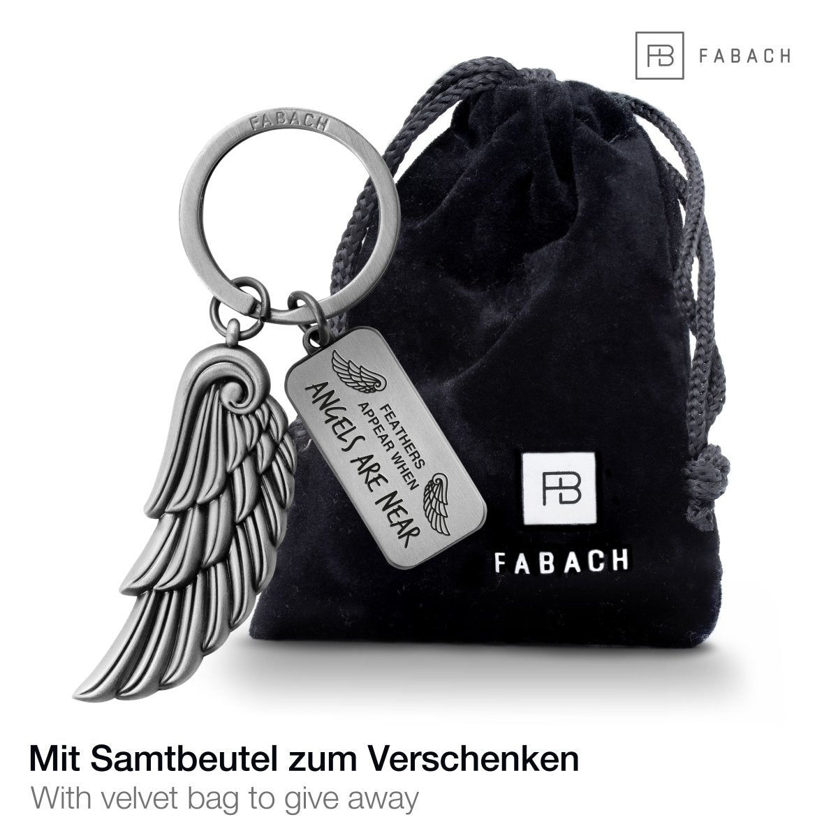 "Angels" Engelsflügel Schlüsselanhänger - Gravur mit Botschaft "Feathers appear when angels are near" -Engel Flügel Glücksbringer - FABACH#farbe_antique silber
