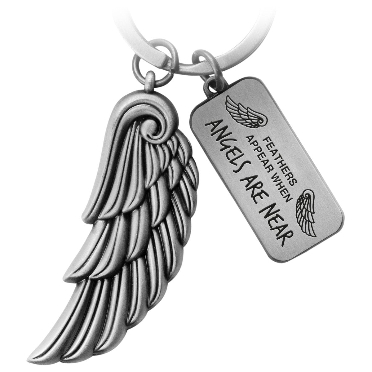 "Angels" Engelsflügel Schlüsselanhänger - Gravur mit Botschaft "Feathers appear when angels are near" -Engel Flügel Glücksbringer - FABACH#farbe_antique silber