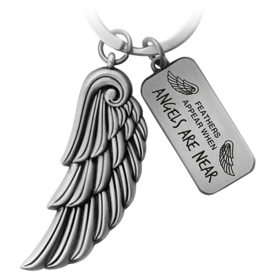 "Angels" Engelsflügel Schlüsselanhänger - Gravur mit Botschaft "Feathers appear when angels are near" -Engel Flügel Glücksbringer
