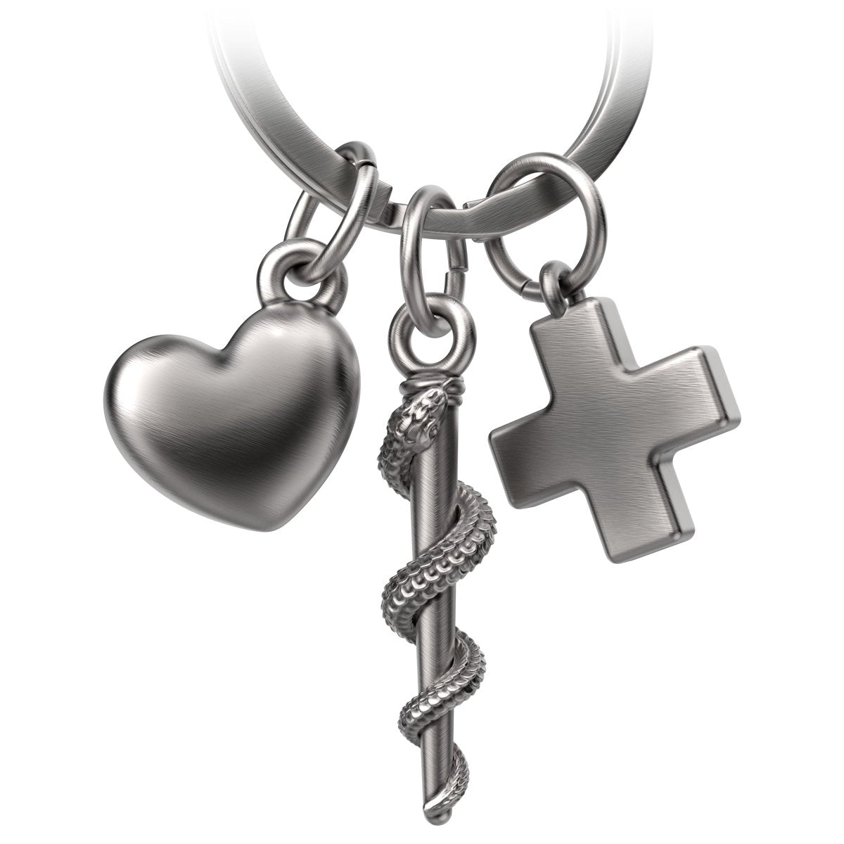 "Asklepiosstab" Schlüsselanhänger mit medizinischem Kreuz und Herz - Äskulapstab als Geschenk für Arzt Pfleger Krankenschwester - FABACH#farbe_antique silber