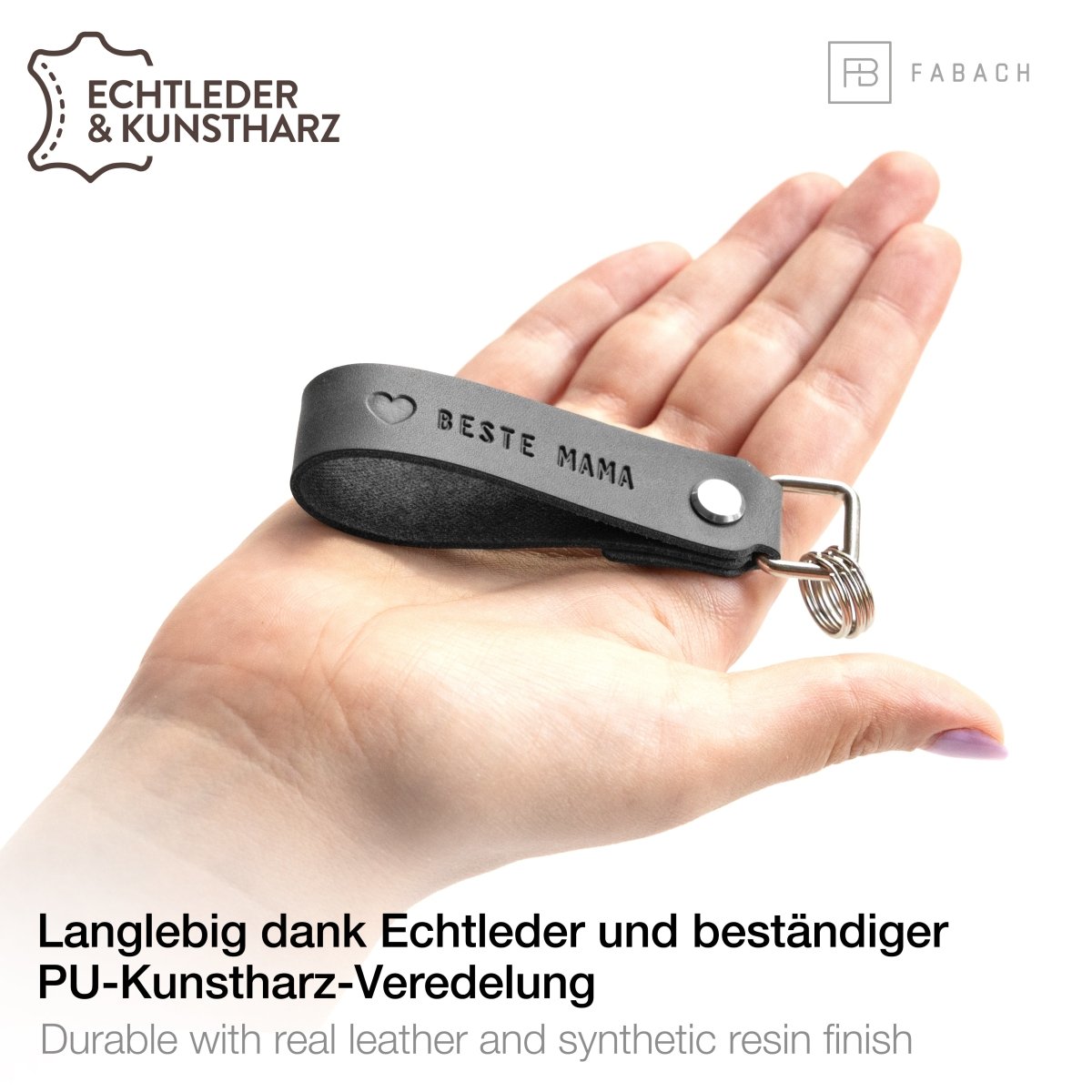 "Beste Mama" Leder-Schlüsselanhänger mit wechselbarem Schlüsselring - FABACH#farbe_schwarz