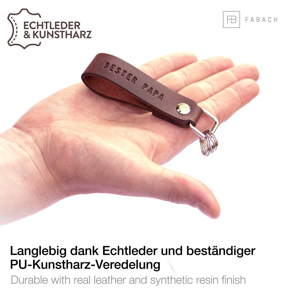 "Bester Papa" Leder-Schlüsselanhänger mit wechselbarem Schlüsselring - FABACH#farbe_braun