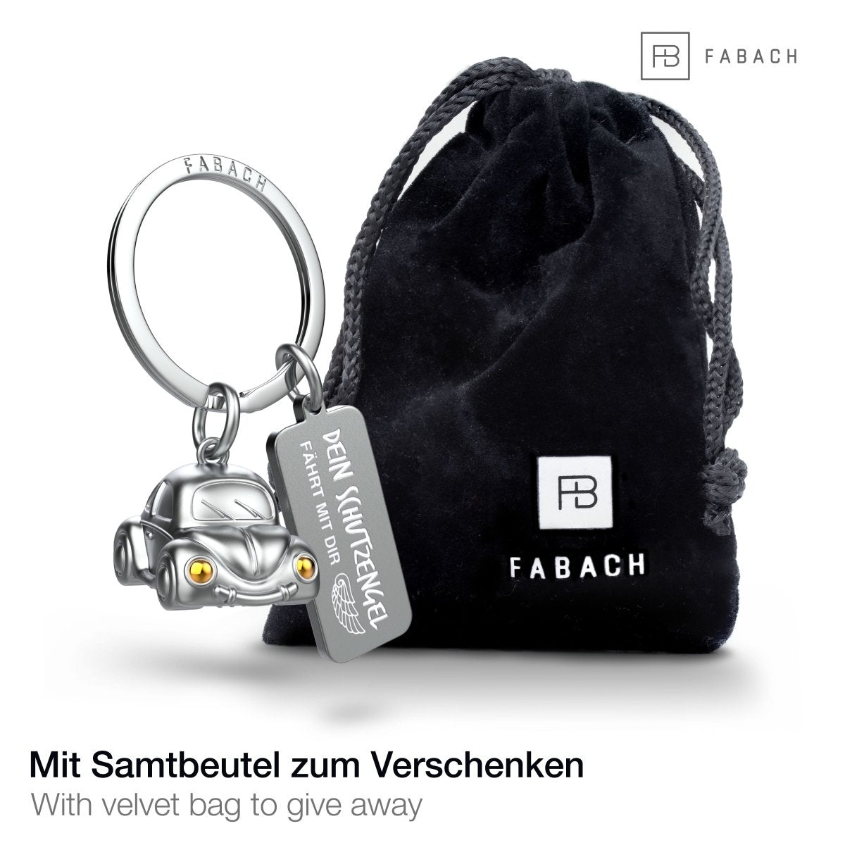 "Car" Miniatur Auto Schlüsselanhänger - Süßer Glücksbringer für Autofahrer - mit Gravur "Dein Schutzengel fährt mit Dir" - FABACH#farbe_gold