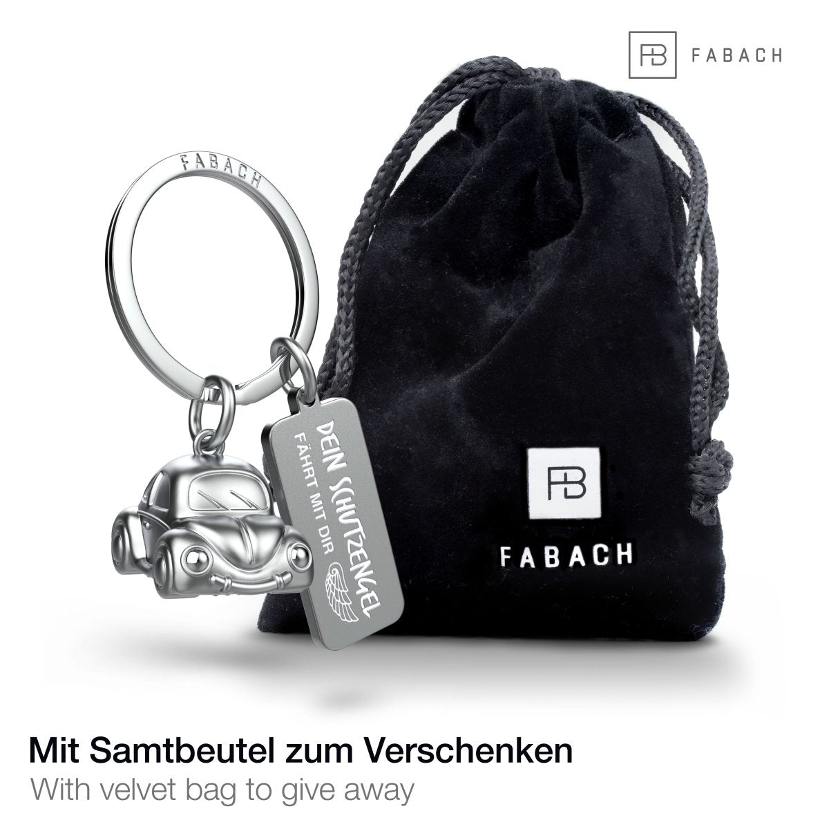 "Car" Miniatur Auto Schlüsselanhänger - Süßer Glücksbringer für Autofahrer - mit Gravur "Dein Schutzengel fährt mit Dir" - FABACH#farbe_silber
