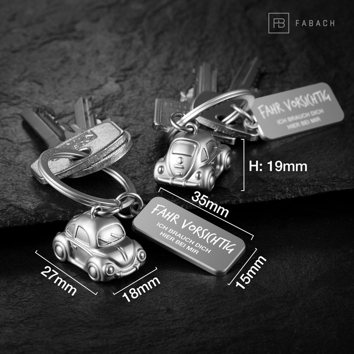 "Car" Miniatur Auto Schlüsselanhänger - Süßer Glücksbringer für Autofahrer - mit Gravur "Fahr vorsichtig" - FABACH#farbe_silber