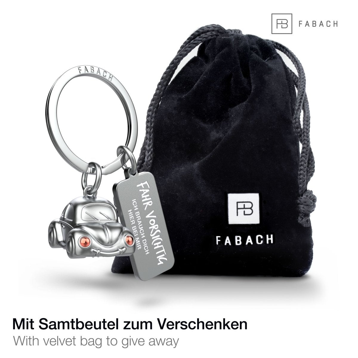 "Car" Miniatur Auto Schlüsselanhänger - Süßer Glücksbringer für Autofahrer - mit Gravur "Fahr vorsichtig" - FABACH#farbe_roségold