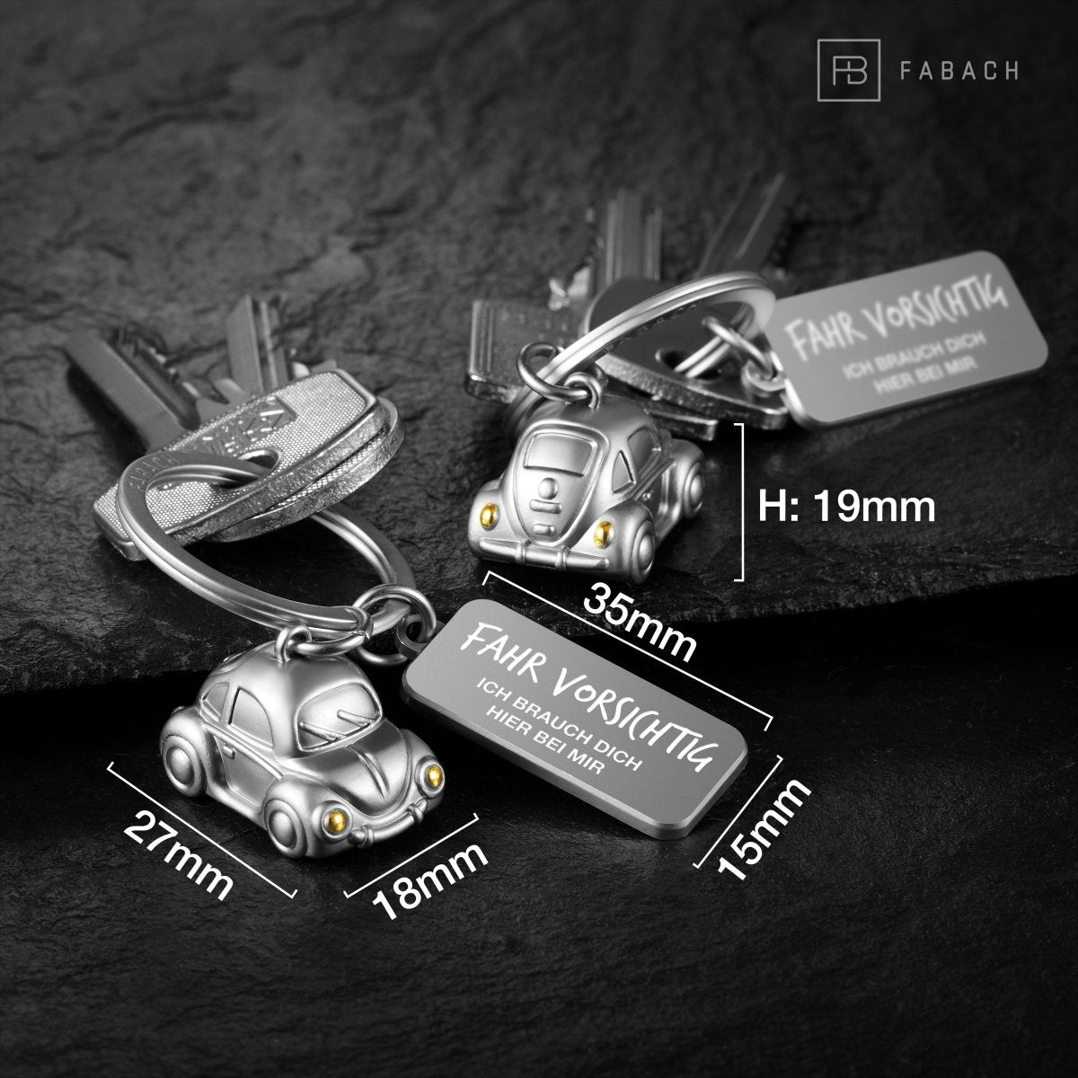 "Car" Miniatur Auto Schlüsselanhänger - Süßer Glücksbringer für Autofahrer - mit Gravur "Fahr vorsichtig" - FABACH#farbe_gold