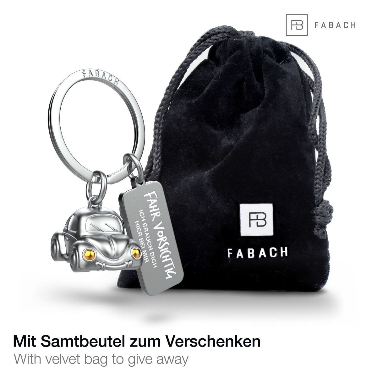 "Car" Miniatur Auto Schlüsselanhänger - Süßer Glücksbringer für Autofahrer - mit Gravur "Fahr vorsichtig" - FABACH#farbe_gold