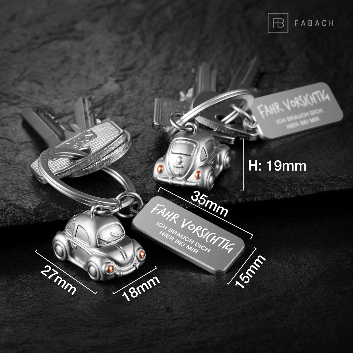 "Car" Miniatur Auto Schlüsselanhänger - Süßer Glücksbringer für Autofahrer - mit Gravur "Fahr vorsichtig" - FABACH#farbe_roségold