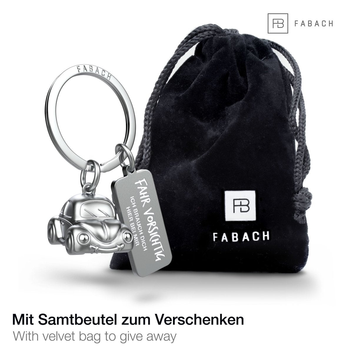 "Car" Miniatur Auto Schlüsselanhänger - Süßer Glücksbringer für Autofahrer - mit Gravur "Fahr vorsichtig" - FABACH#farbe_silber