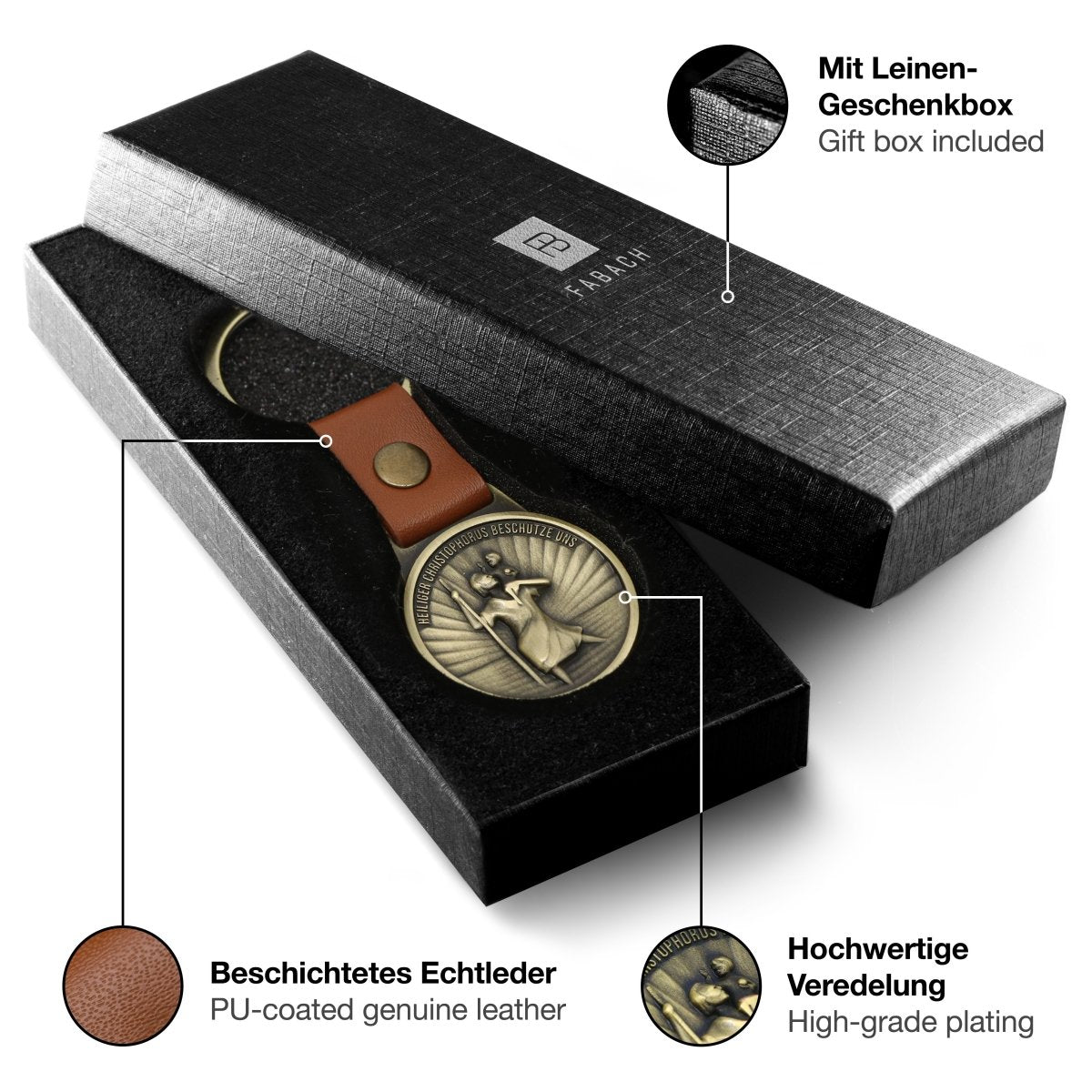 "Christophorus" Schutzpatron der Reisenden Schlüsselanhänger - Heiliger Christopherus Amulett - Gute Reise Plakette am Lederband - FABACH#farbe_antique bronze