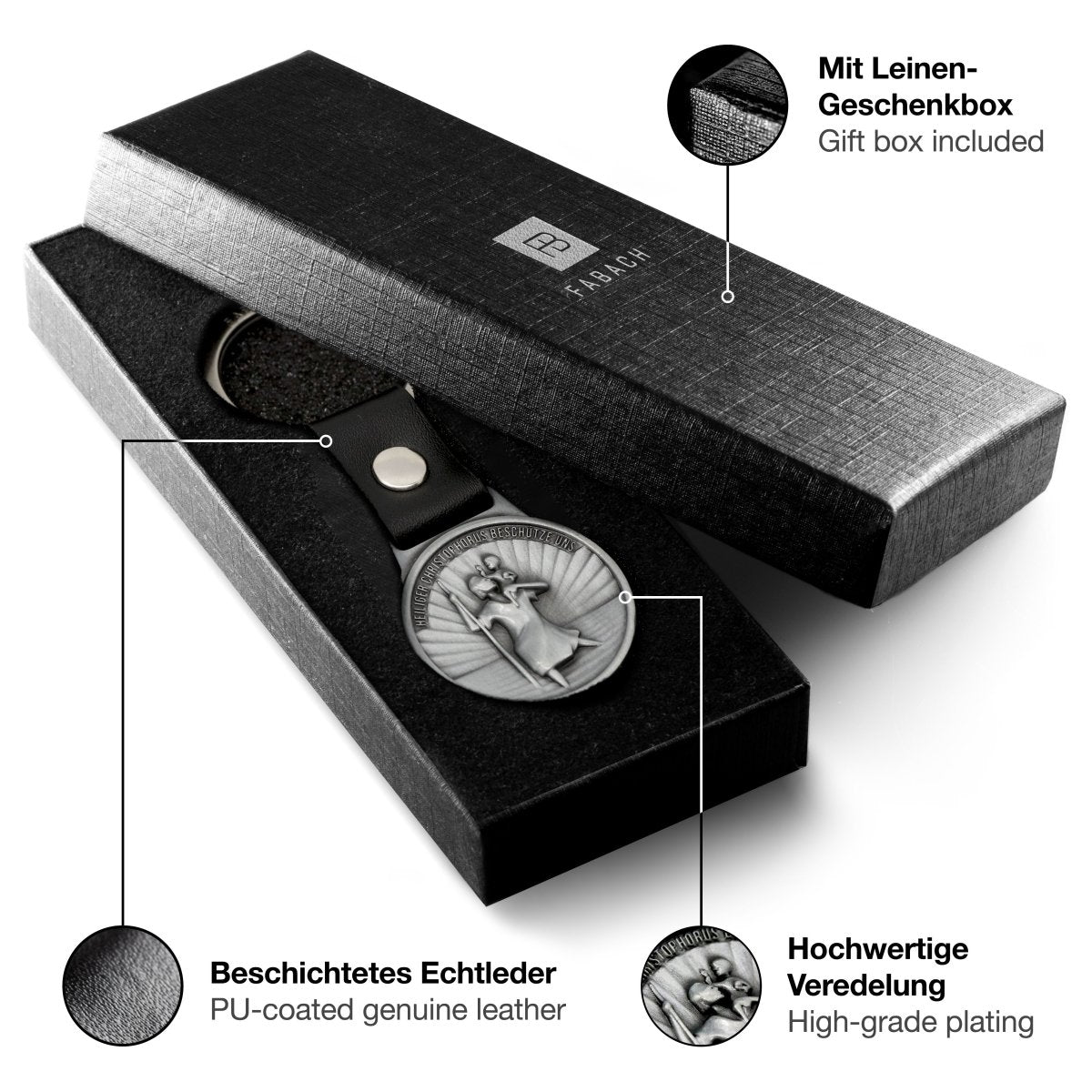 "Christophorus" Schutzpatron der Reisenden Schlüsselanhänger - Heiliger Christopherus Amulett - Gute Reise Plakette am Lederband - FABACH #farbe_antique silber