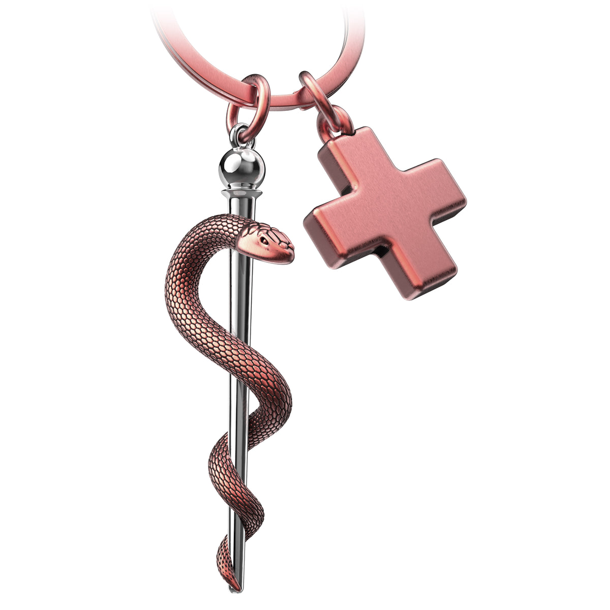 "Asklepiosstab" Schlüsselanhänger mit medizinischem Kreuz - Äskulapstab als Geschenk für Arzt Pfleger Krankenschwester - FABACH#Farbe_Antique Roségold