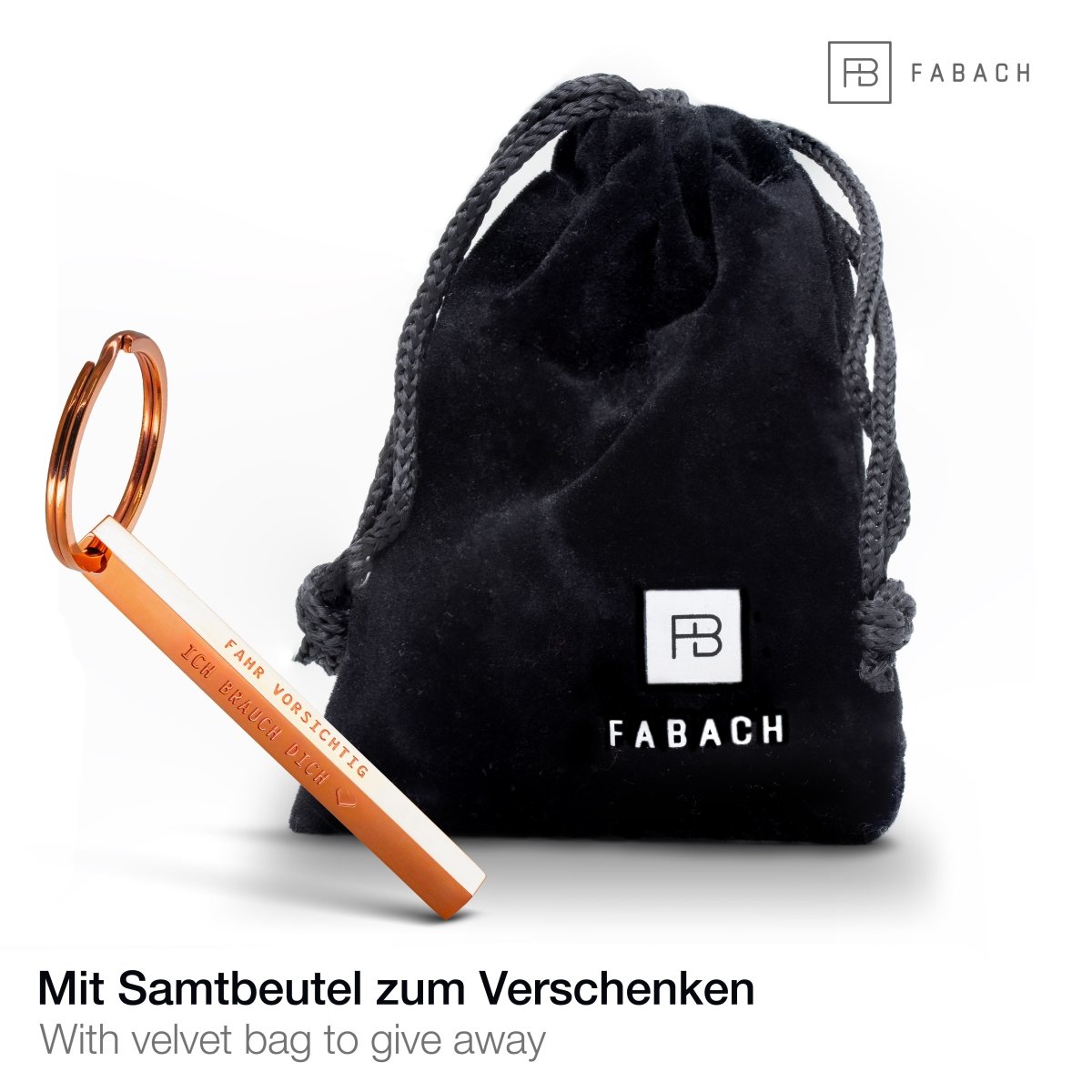 "Cuboid" Quader Schlüsselanhänger aus Edelstahl - Stäbchen Anhänger mit Gravur "Fahr vorsichtig" - FABACH#farbe_roségold