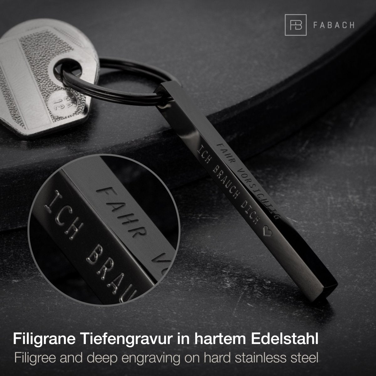 "Cuboid" Quader Schlüsselanhänger aus Edelstahl - Stäbchen Anhänger mit Gravur "Fahr vorsichtig" - FABACH#farbe_schwarz