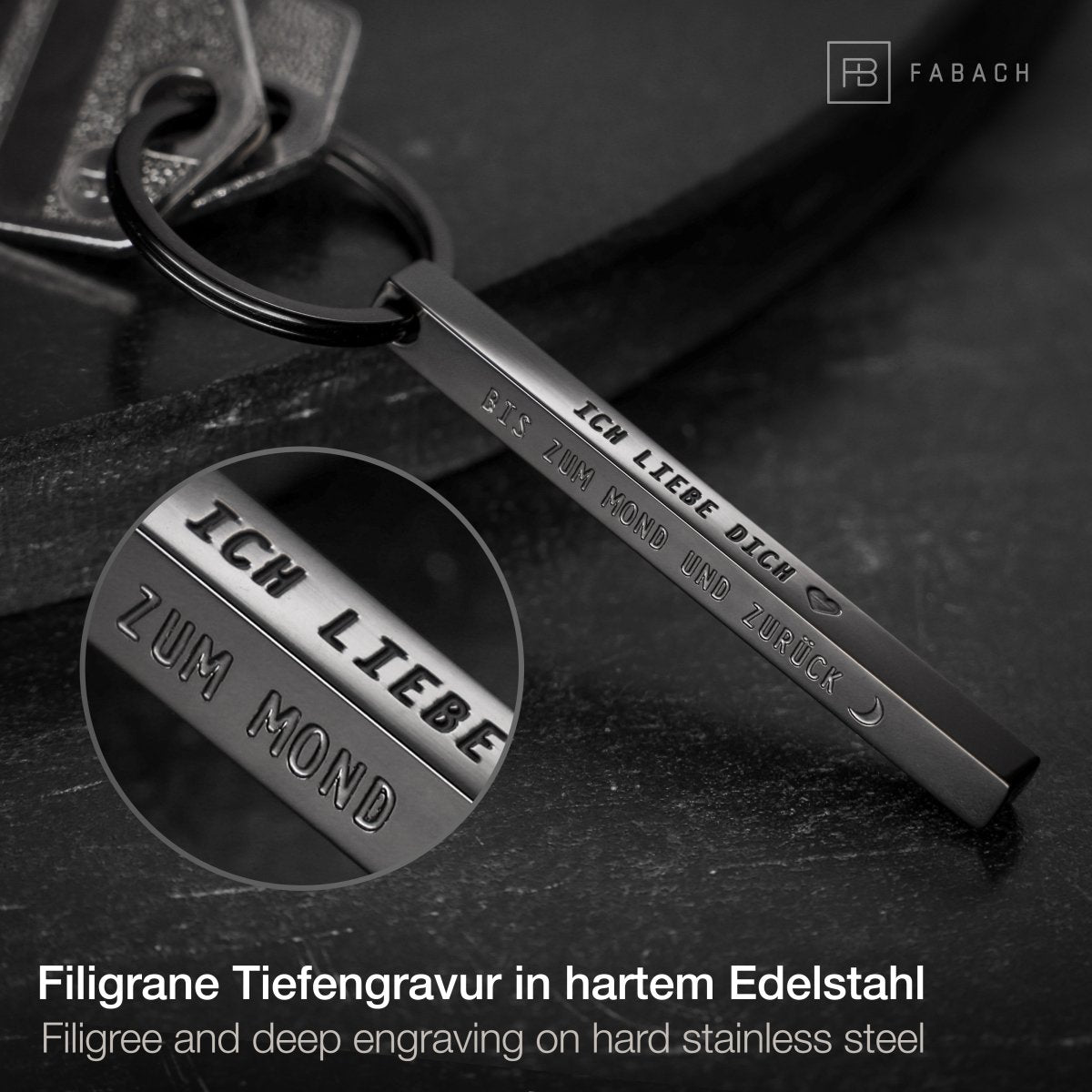 "Cuboid" Quader Schlüsselanhänger aus Edelstahl - Stäbchen Anhänger mit Gravur "Ich liebe dich bis zum Mond" - FABACH#farbe_schwarz