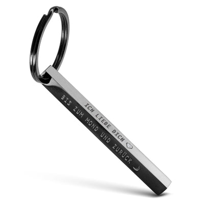 Porte-clés cuboïde "Cuboïde" en acier inoxydable - pendentif bâton avec gravure "Je t'aime jusqu'à la lune"