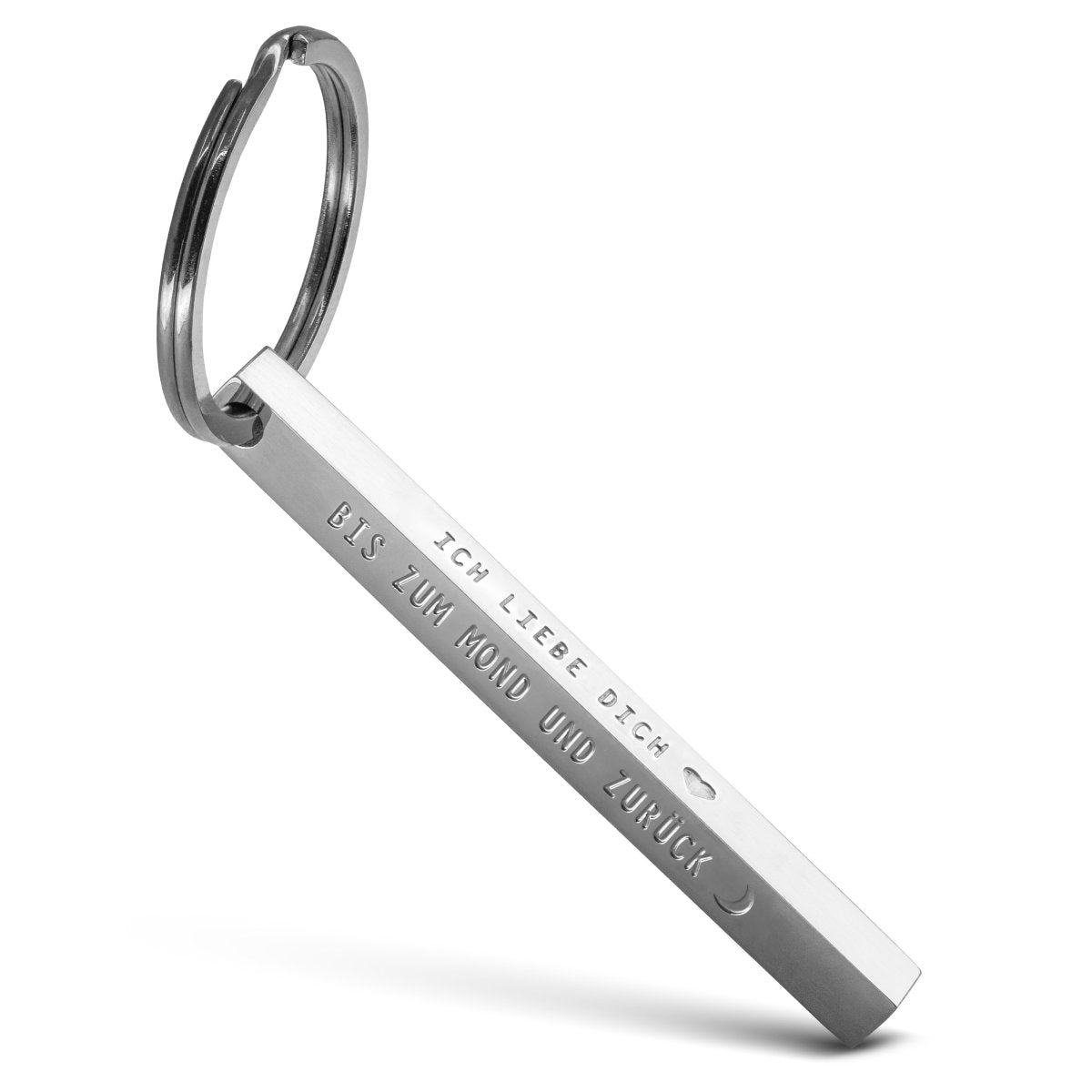 "Cuboid" Quader Schlüsselanhänger aus Edelstahl - Stäbchen Anhänger mit Gravur "Ich liebe dich bis zum Mond" - FABACH#farbe_silber