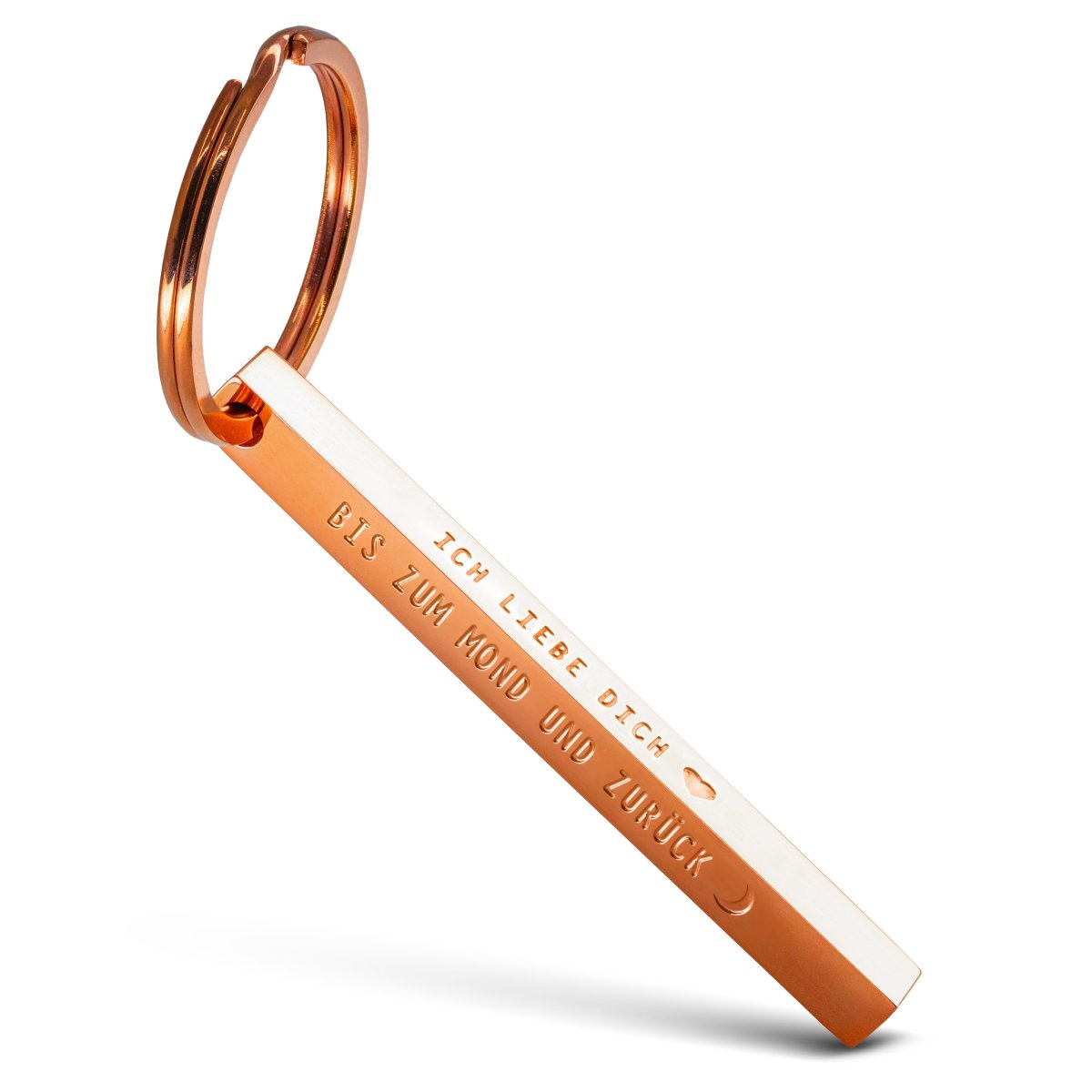 "Cuboid" Quader Schlüsselanhänger aus Edelstahl - Stäbchen Anhänger mit Gravur "Ich liebe dich bis zum Mond" - FABACH#farbe_roségold