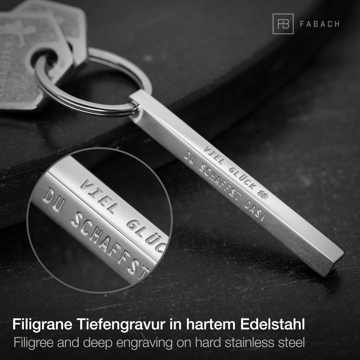 "Cuboid" Quader Schlüsselanhänger aus Edelstahl - Stäbchen Anhänger mit Gravur "Viel Glück" - FABACH#farbe_silber