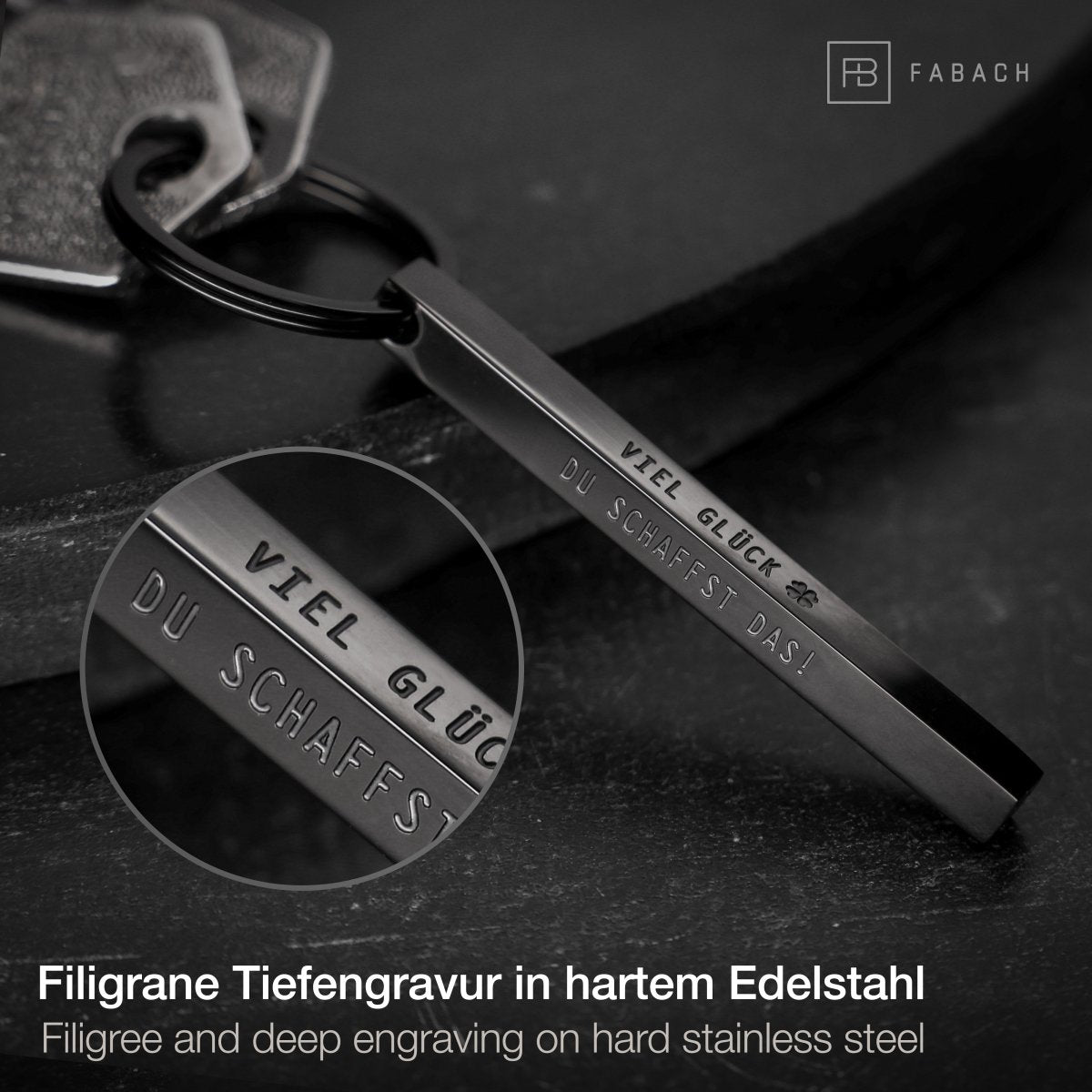 "Cuboid" Quader Schlüsselanhänger aus Edelstahl - Stäbchen Anhänger mit Gravur "Viel Glück" - FABACH#farbe_schwarz