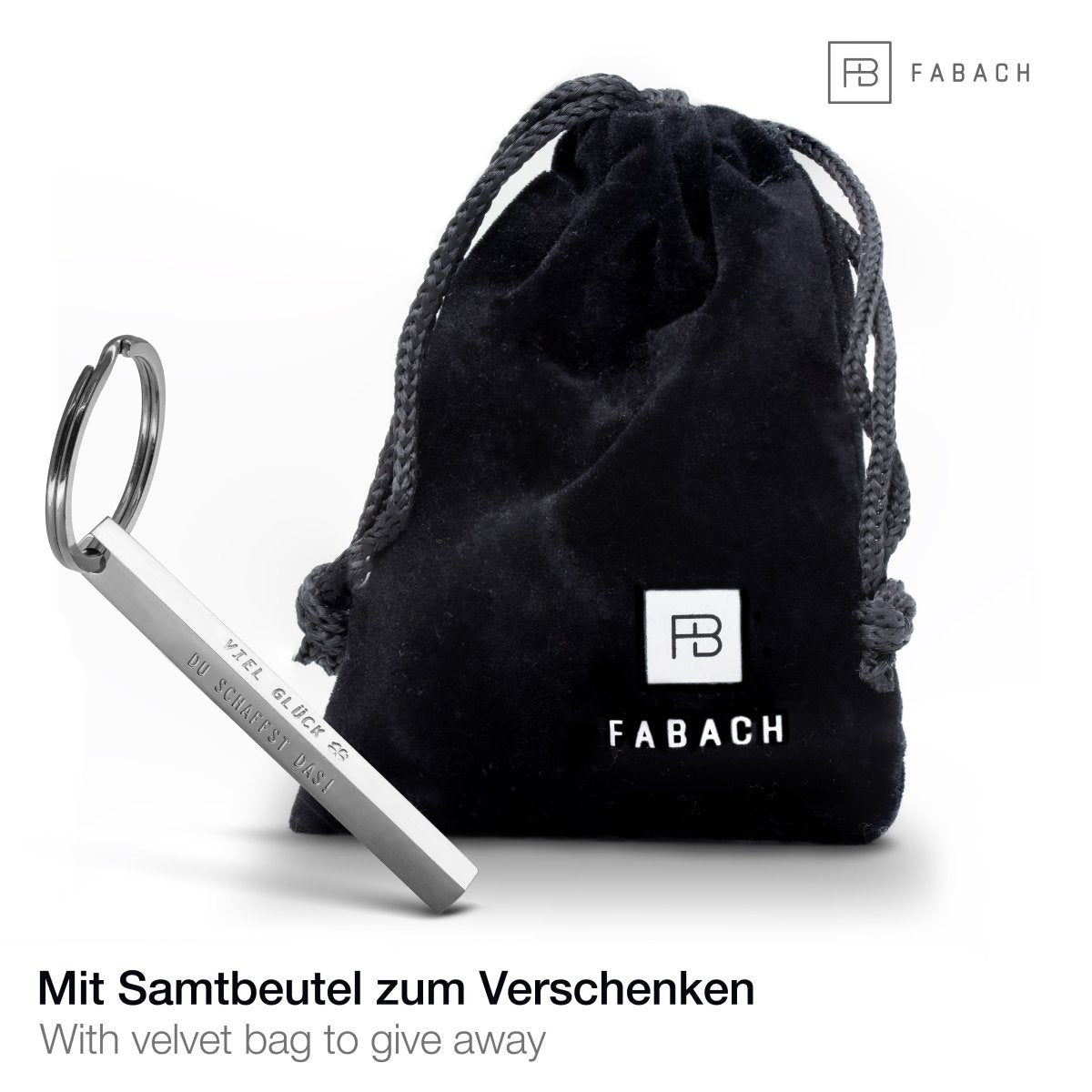 "Cuboid" Quader Schlüsselanhänger aus Edelstahl - Stäbchen Anhänger mit Gravur "Viel Glück" - FABACH#farbe_silber