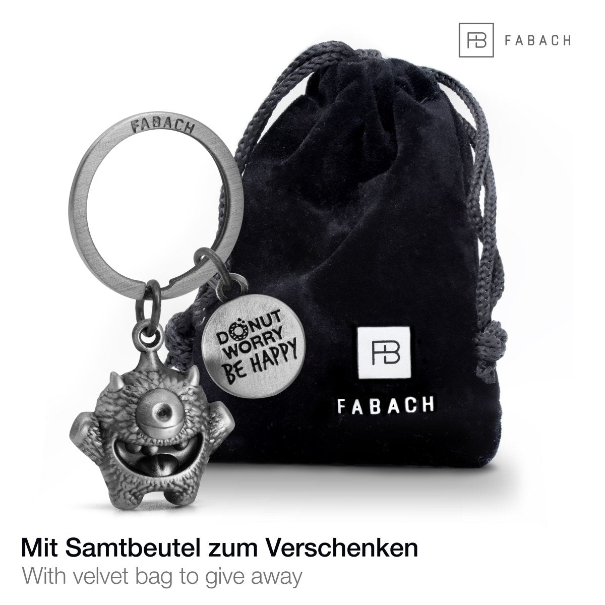 "Cyklops" Schlüsselanhänger Mutmacher - Süßes Glücksmonster mit Gravur "Donut worry, be happy!" - Kummermampfer Glücksbringer - FABACH#farbe_antique silber