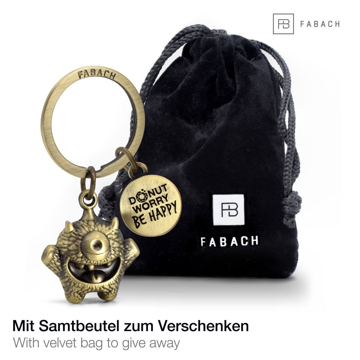 "Cyklops" Schlüsselanhänger Mutmacher - Süßes Glücksmonster mit Gravur "Donut worry, be happy!" - Kummermampfer Glücksbringer - FABACH#farbe_antique bronze