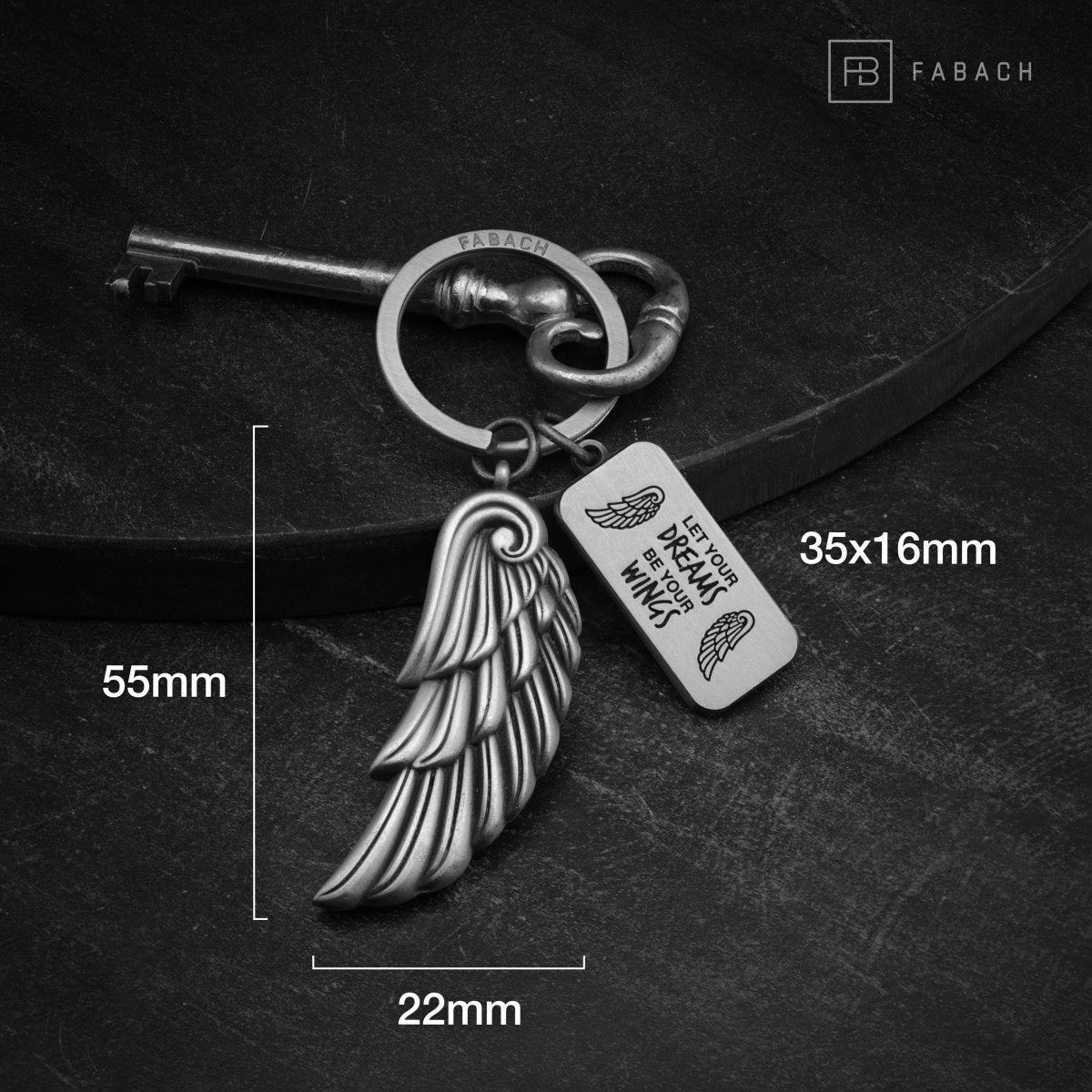"Dreams" Engelsflügel Schlüsselanhänger - Gravur mit Botschaft "May your Dreams be your Wings" -Engel Flügel Glücksbringer - FABACH#farbe_antique silber