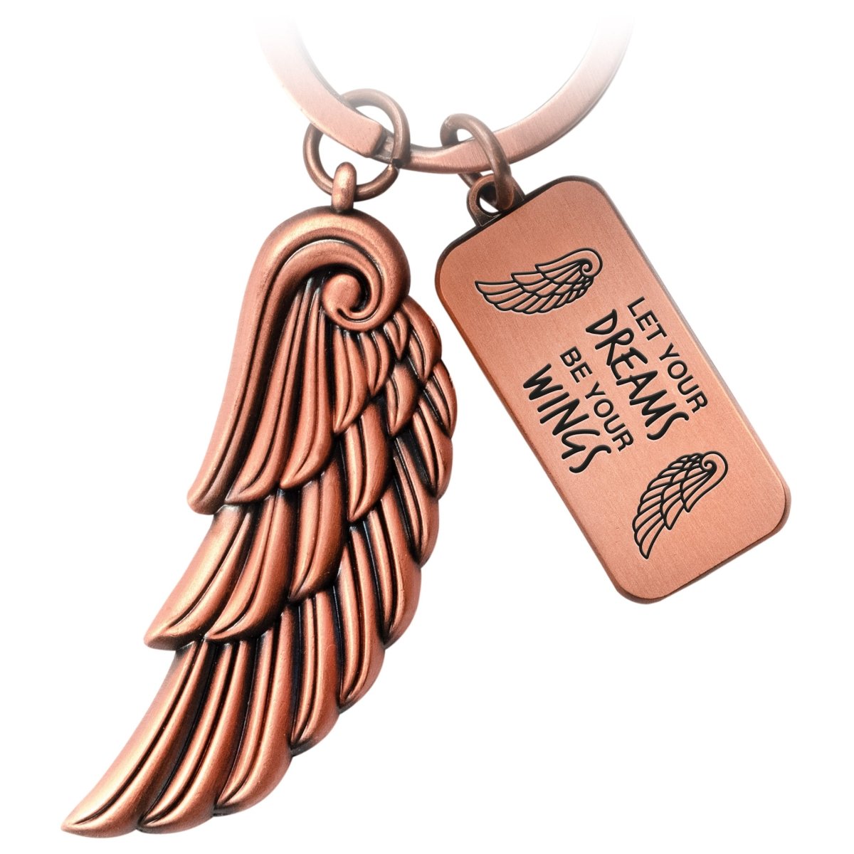 "Dreams" Engelsflügel Schlüsselanhänger - Gravur mit Botschaft "May your Dreams be your Wings" -Engel Flügel Glücksbringer - FABACH#farbe_antique roségold