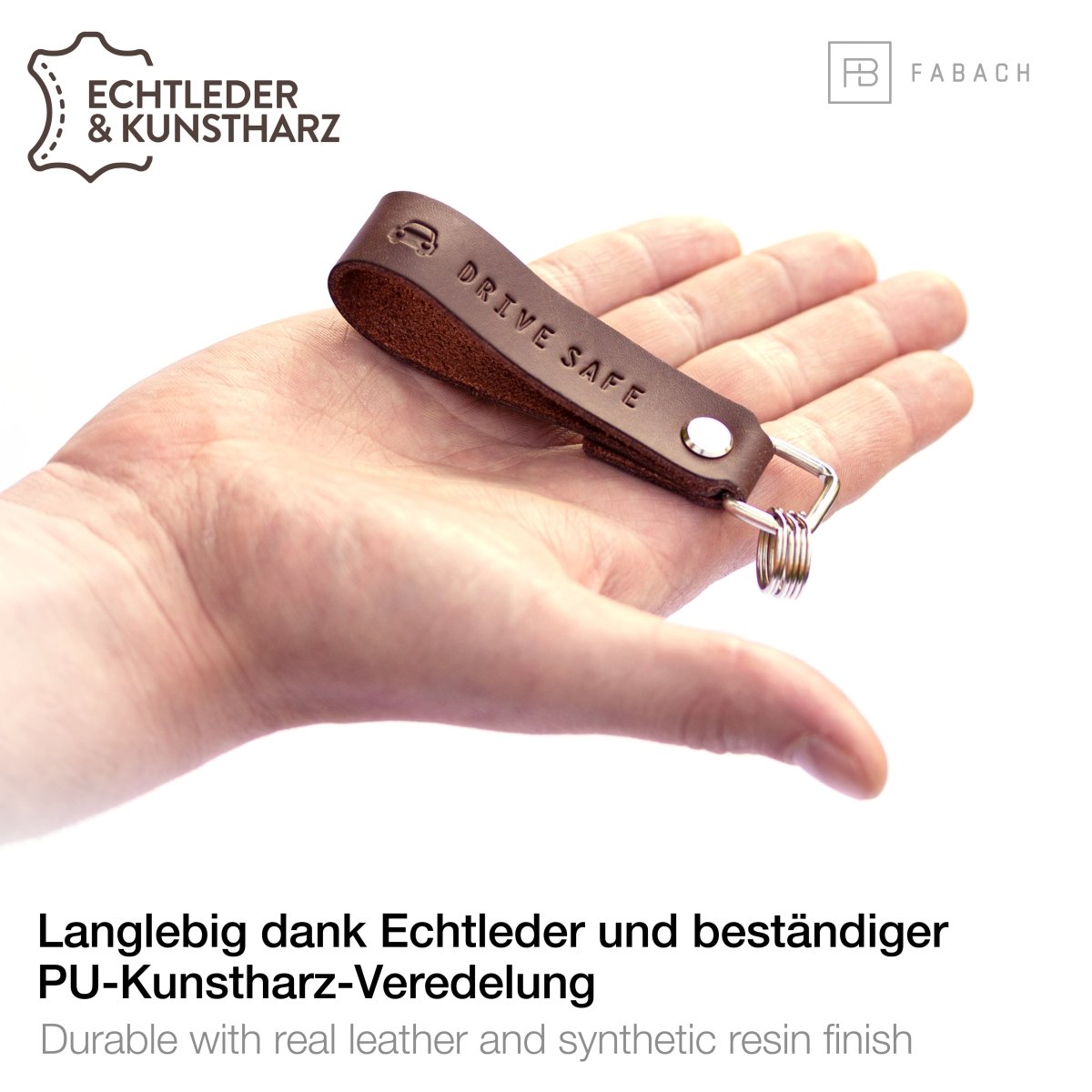 "Drive Safe" Leder-Schlüsselanhänger mit wechselbarem Schlüsselring - FABACH #farbe_braun
