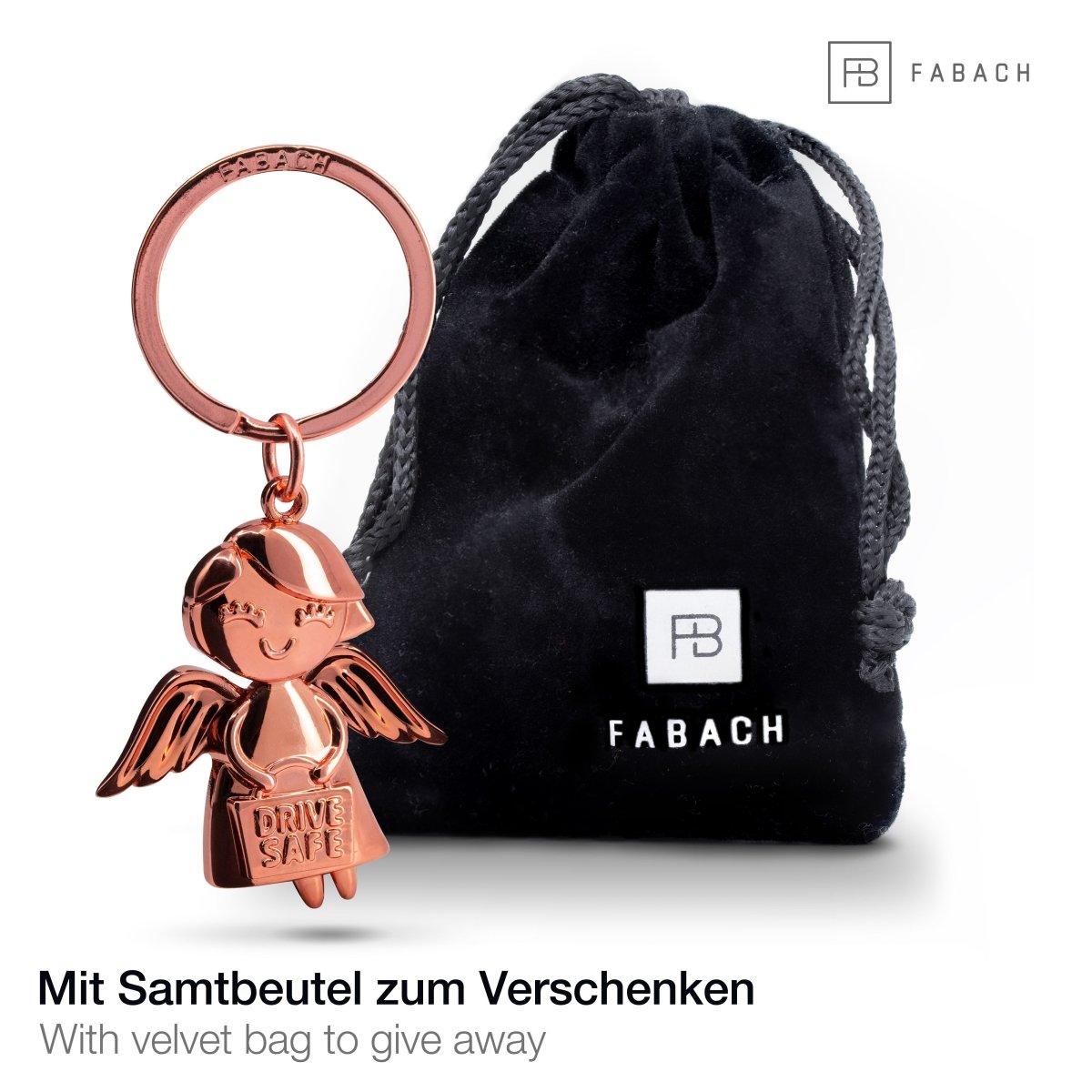 "Emmy" Schutzengel Schlüsselanhänger - Auto Glücksbringer Engel mit Botschaft "Drive Safe" - FABACH#farbe_roségold