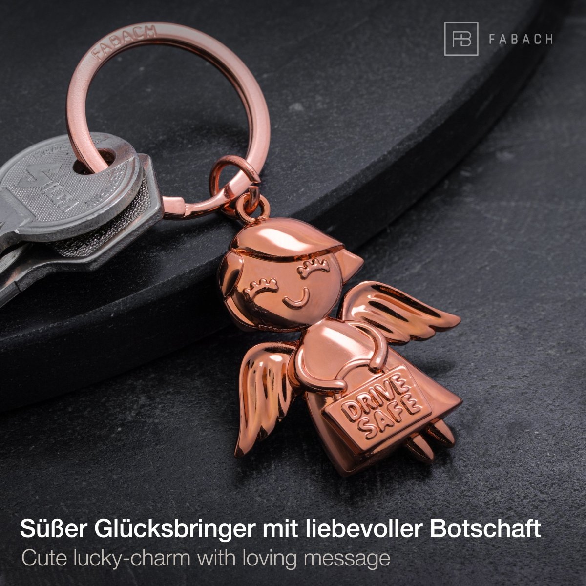 "Emmy" Schutzengel Schlüsselanhänger - Auto Glücksbringer Engel mit Botschaft "Drive Safe" - FABACH#farbe_roségold