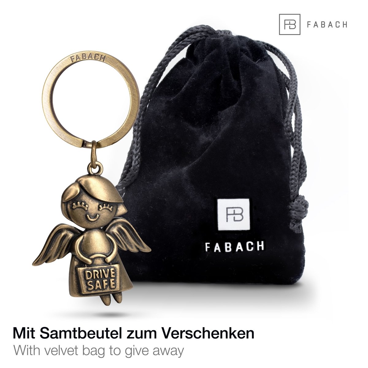 "Emmy" Schutzengel Schlüsselanhänger - Auto Glücksbringer Engel mit Botschaft "Drive Safe" - FABACH#farbe_antique bronze