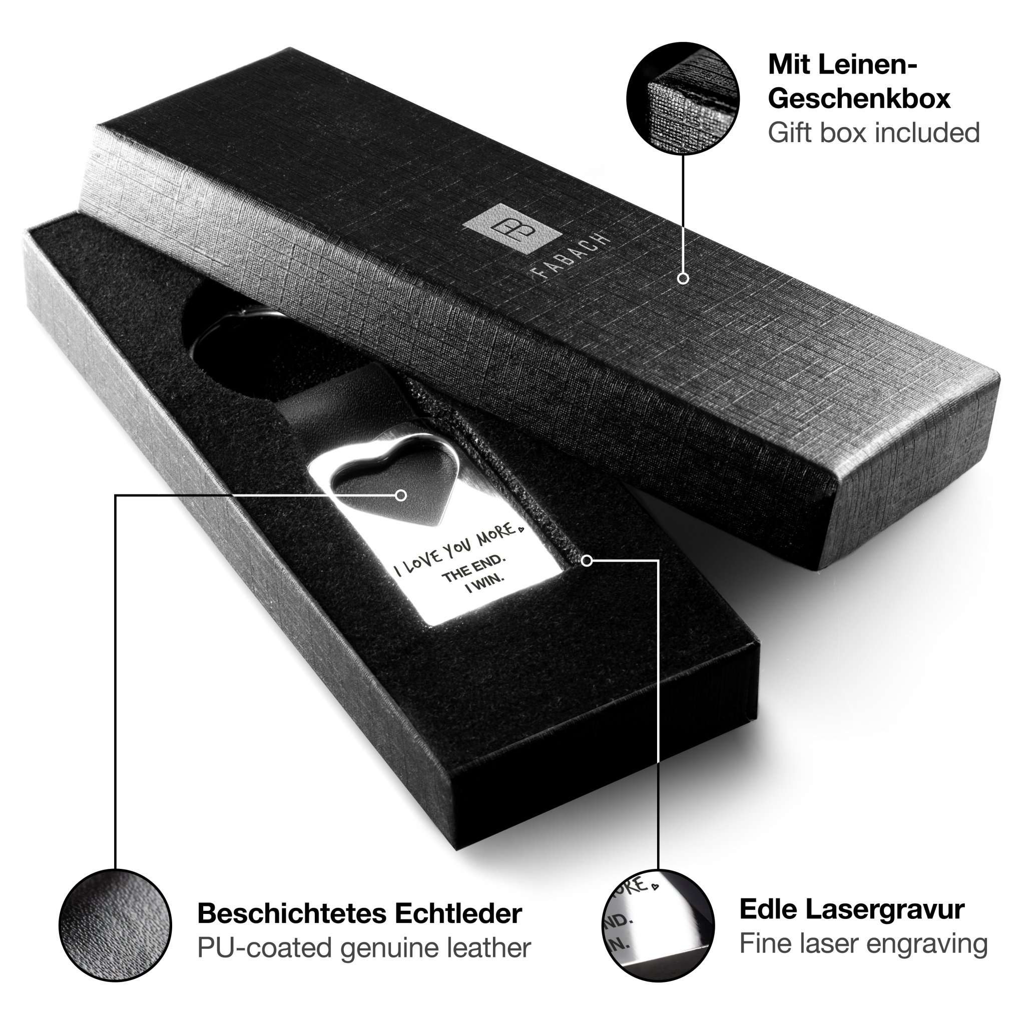 "I love you more. The End. I win." Herz-Schlüsselanhänger mit Gravur aus Leder - FABACH