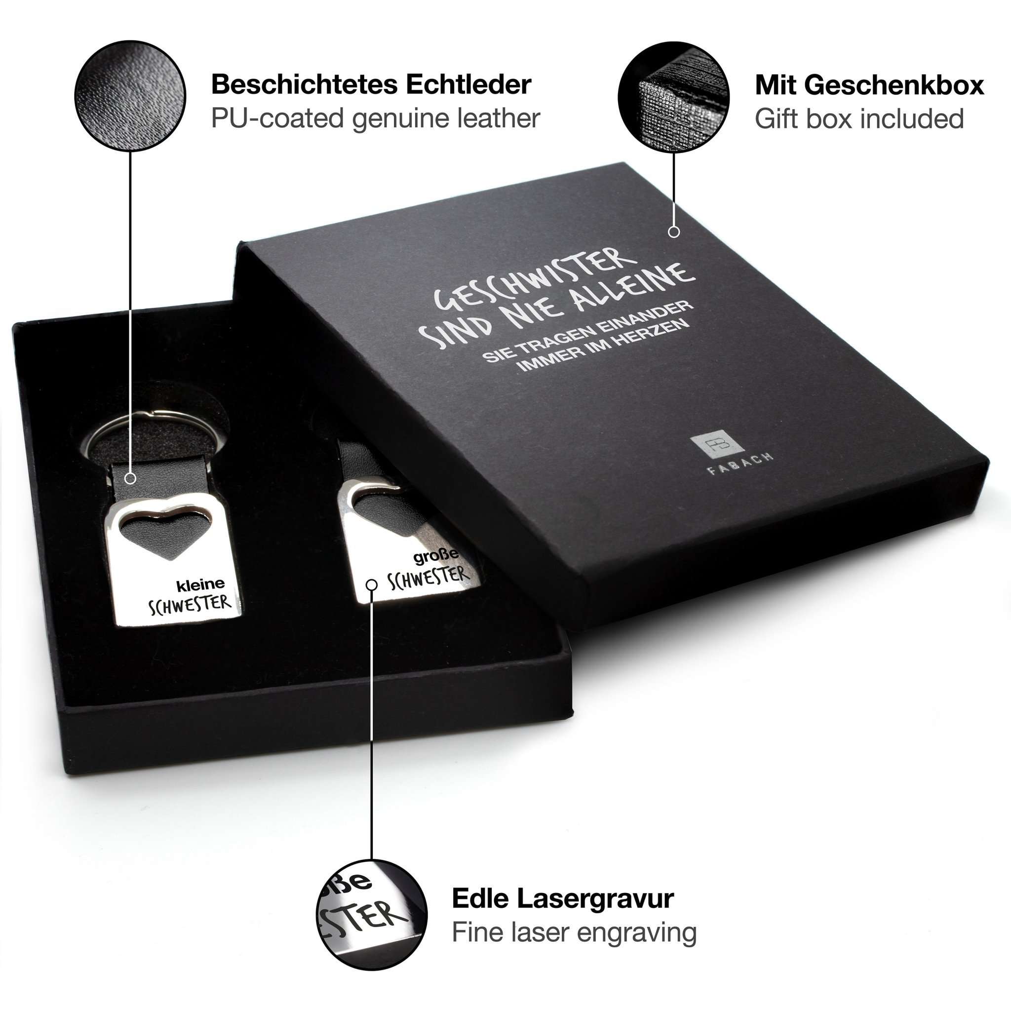"kleine Schwester & große Schwester" Herz-Schlüsselanhänger mit Gravur aus Leder - FABACH