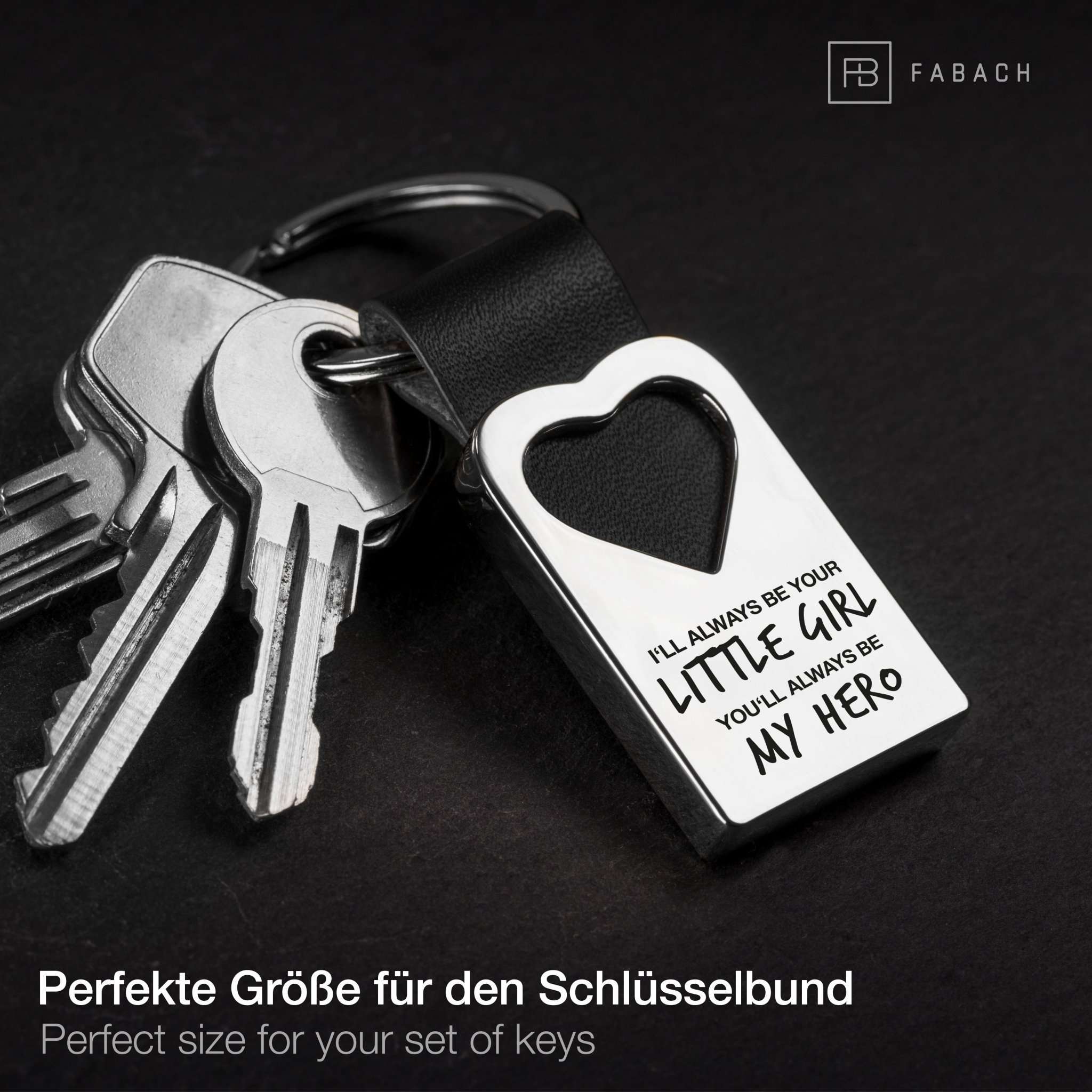 "Always my little girl, always my hero" Herz-Schlüsselanhänger mit Gravur aus Leder