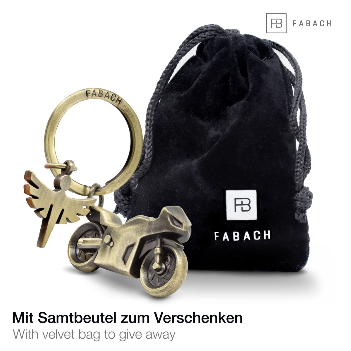 "Fabiel mit Motorrad" Schutzengel Schlüsselanhänger Motorrad - Engel Glücksbringer Motorradfahrer - FABACH#farbe_antique bronze