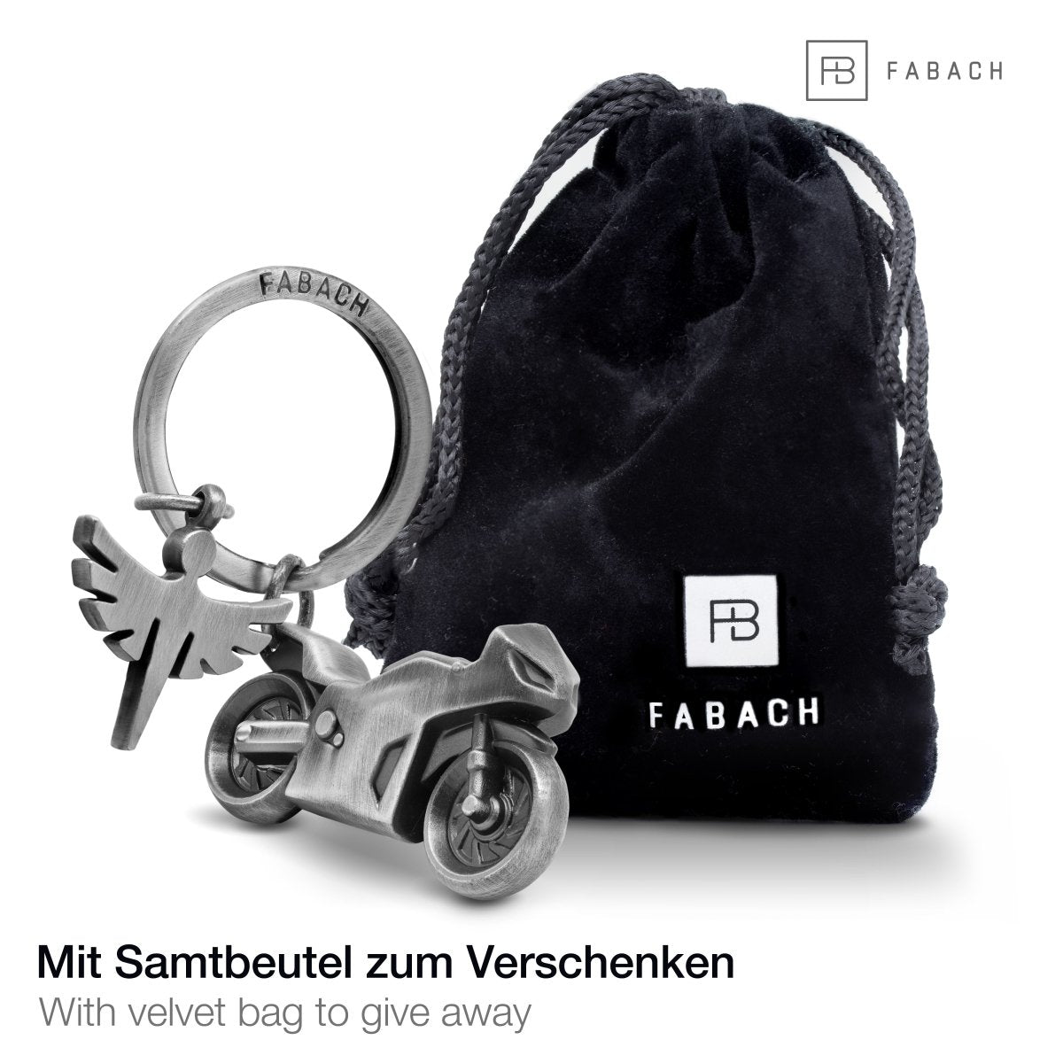 "Fabiel mit Motorrad" Schutzengel Schlüsselanhänger Motorrad - Engel Glücksbringer Motorradfahrer - FABACH#farbe_antique silber