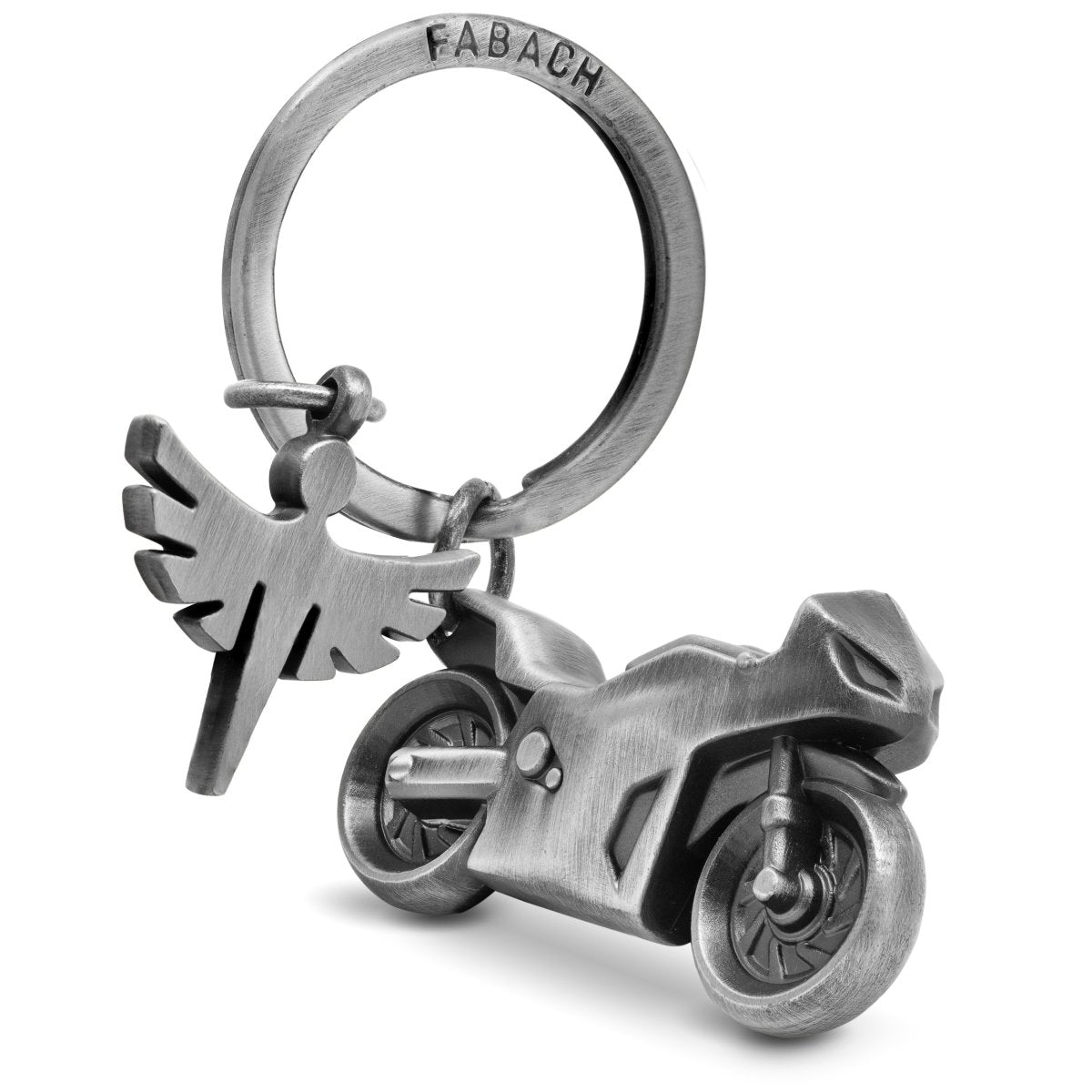 "Fabiel mit Motorrad" Schutzengel Schlüsselanhänger Motorrad - Engel Glücksbringer Motorradfahrer - FABACH#farbe_antique silber