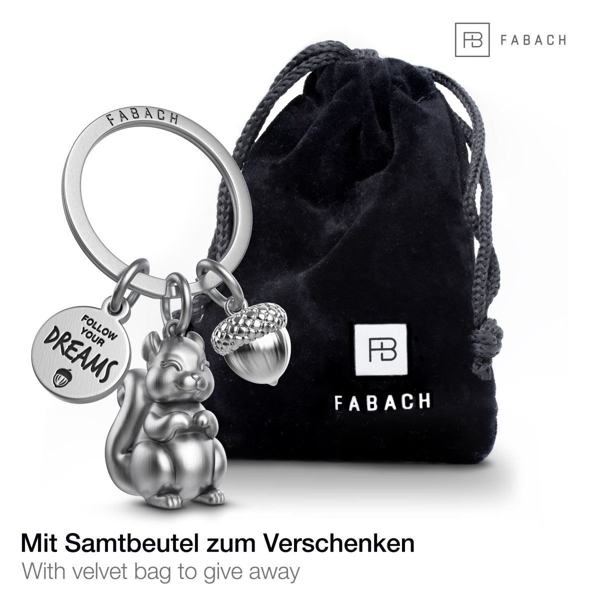 "Follow your Dreams" Eichhörnchen Schlüsselanhänger "Skippy" mit Gravur - Süßer Glücksbringer Mutmacher - FABACH#farbe_antique silber