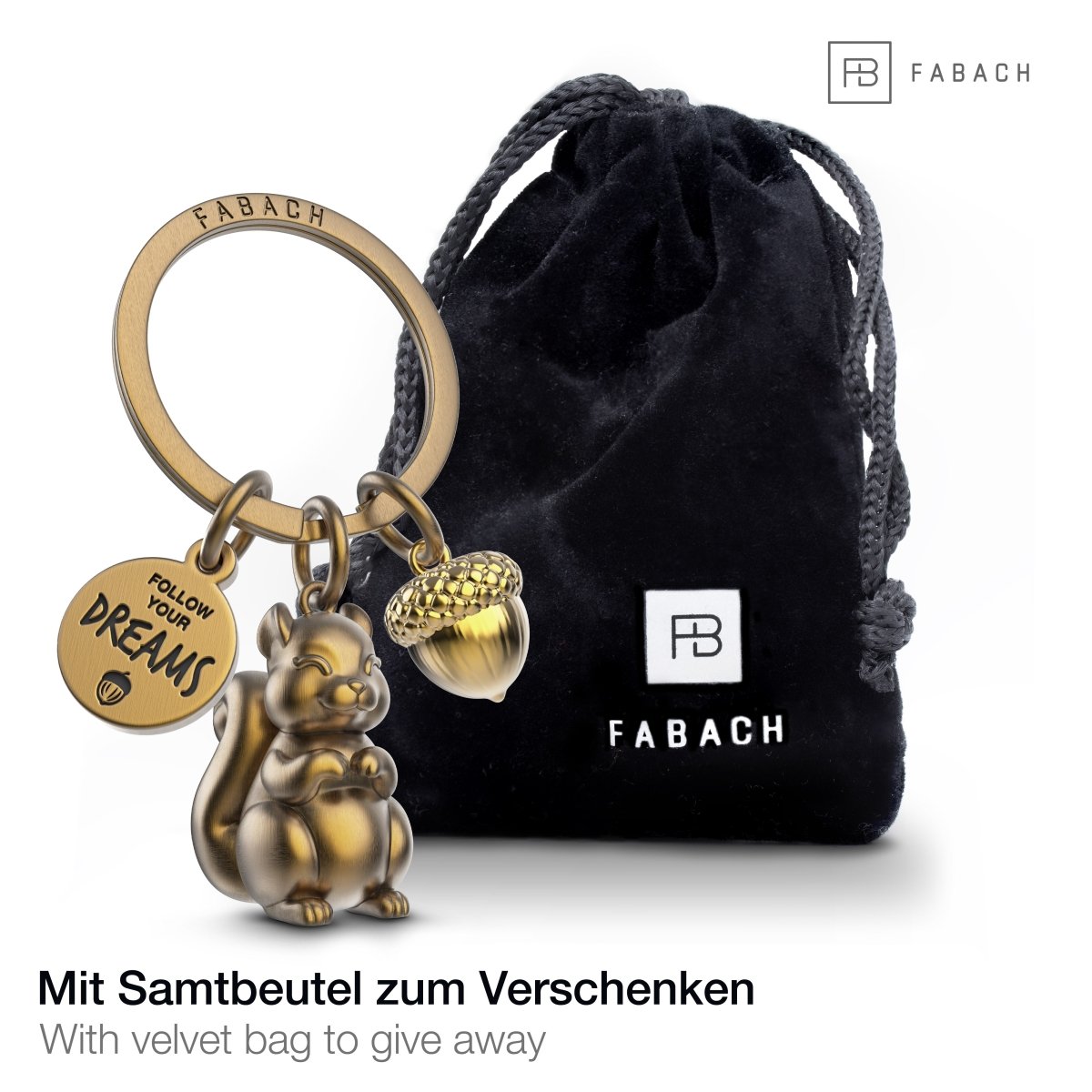 "Follow your Dreams" Eichhörnchen Schlüsselanhänger "Skippy" mit Gravur - Süßer Glücksbringer Mutmacher - FABACH#farbe_antique bronze