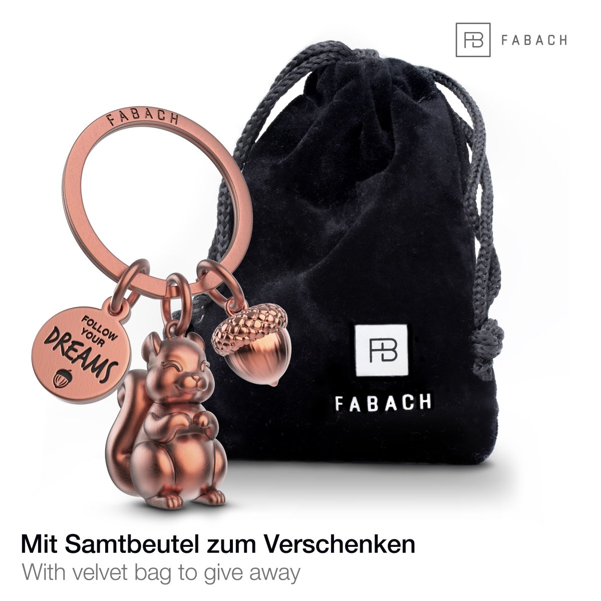 "Follow your Dreams" Eichhörnchen Schlüsselanhänger "Skippy" mit Gravur - Süßer Glücksbringer Mutmacher - FABACH#farbe_antique roségold
