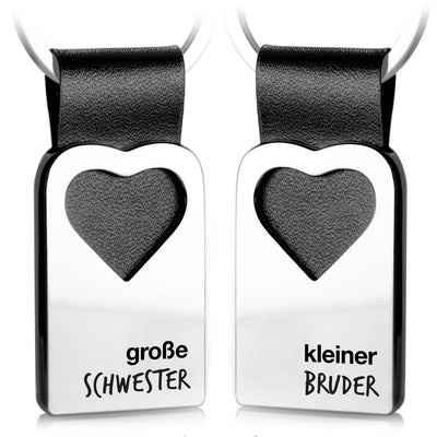 Porte-clés coeur "Grande Soeur &amp; Petit Frère" avec gravure en cuir