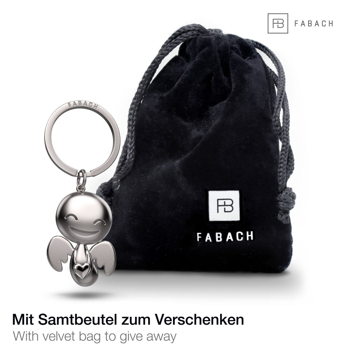 "Happy" mit Herz - Schutzengel Schlüsselanhänger - Süßer Engel Glücksbringer mit Herz - FABACH#Farbe_Silber