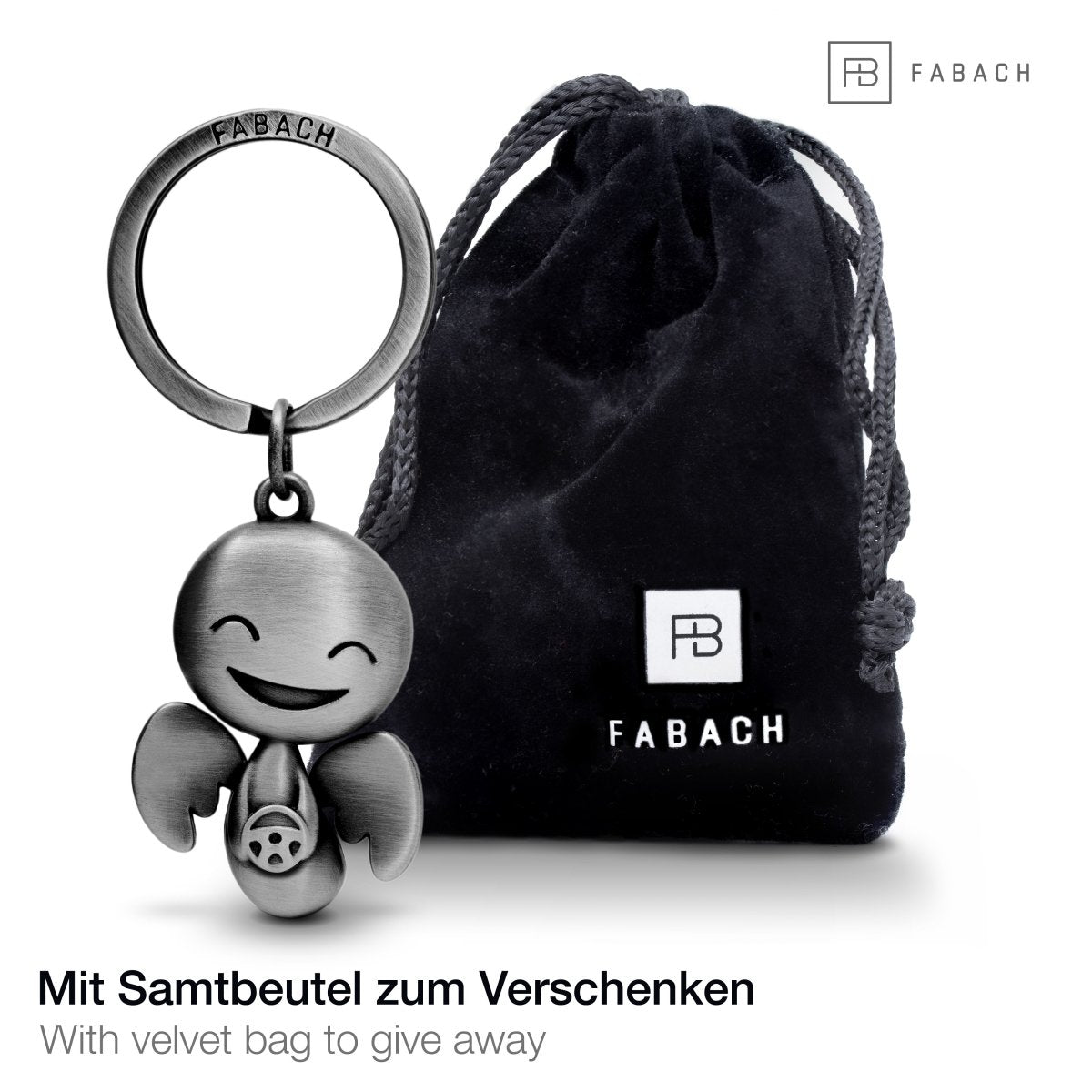 "Happy" mit Lenkrad - Schutzengel Schlüsselanhänger Fahr vorsichtig - Engel Glücksbringer Auto - FABACH#farbe_antique silber