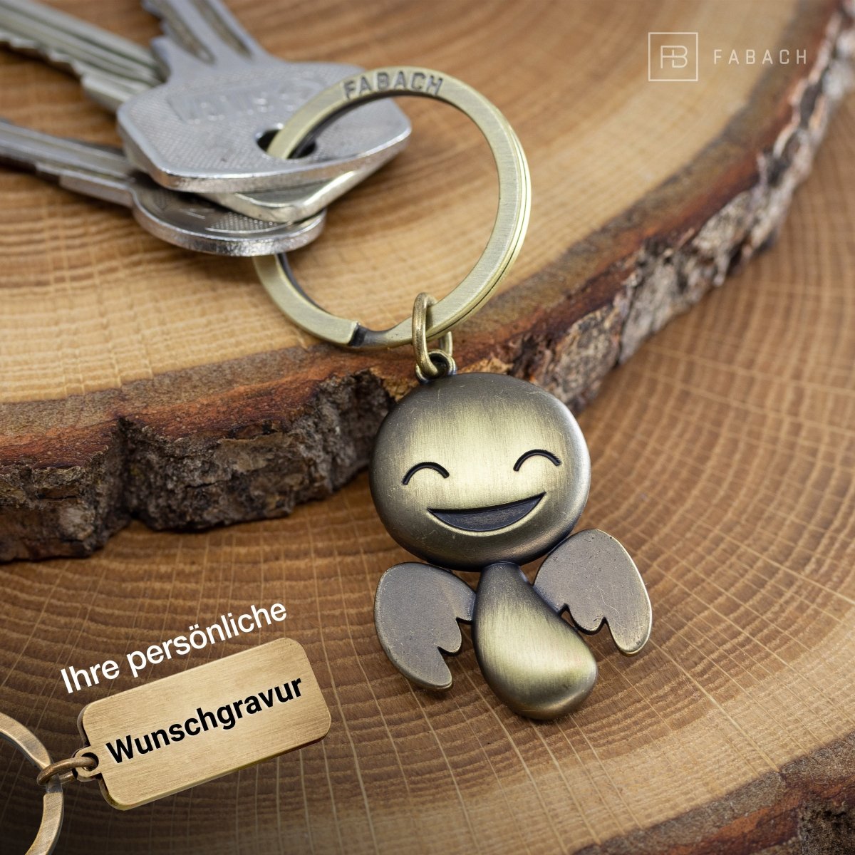 "Happy" Schutzengel Schlüsselanhänger - Engel Glücksbringer - FABACH#farbe_antique bronze#personalisierung_mit gravur (+5.00€)