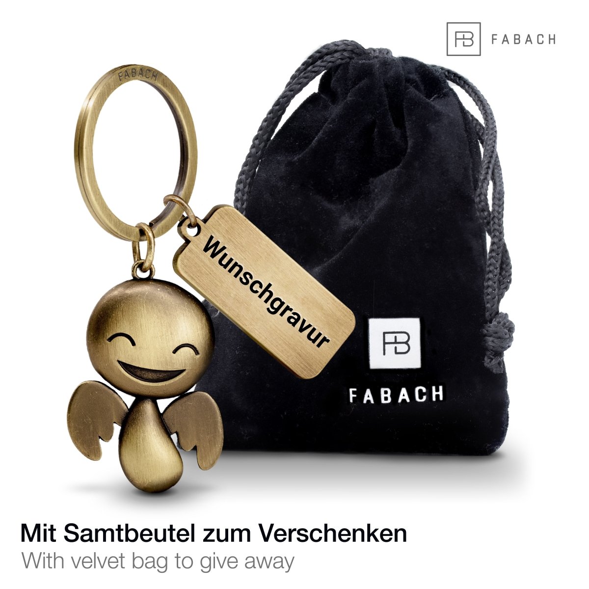"Happy" Schutzengel Schlüsselanhänger - Engel Glücksbringer - FABACH#farbe_antique bronze#personalisierung_mit gravur (+5.00€)
